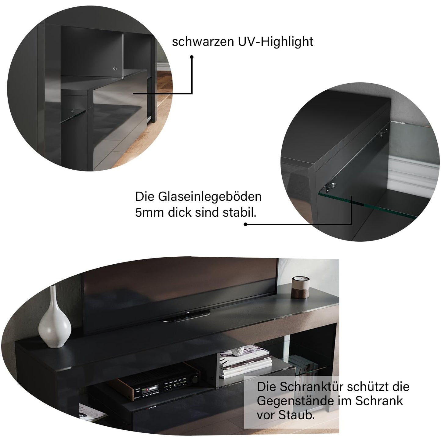 SONNI Modern TV Cabinet 180 cm, Lowboard High Gloss White with 16 Colours LED Lighting, Drawer, Open Glass Shelves, TV Stand for TVs up to 65 Inches, Living Room & Bedroom, 180 x 35 x 45 cm