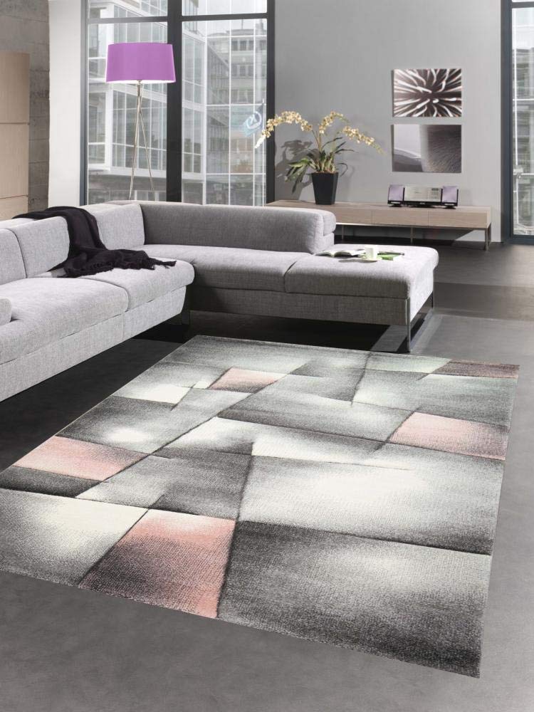 CARPETIA Modern Short Pile Living Room Rug Contour Cut Checked Abstract Grey Black White Turquoise Size 60 x 110 cm