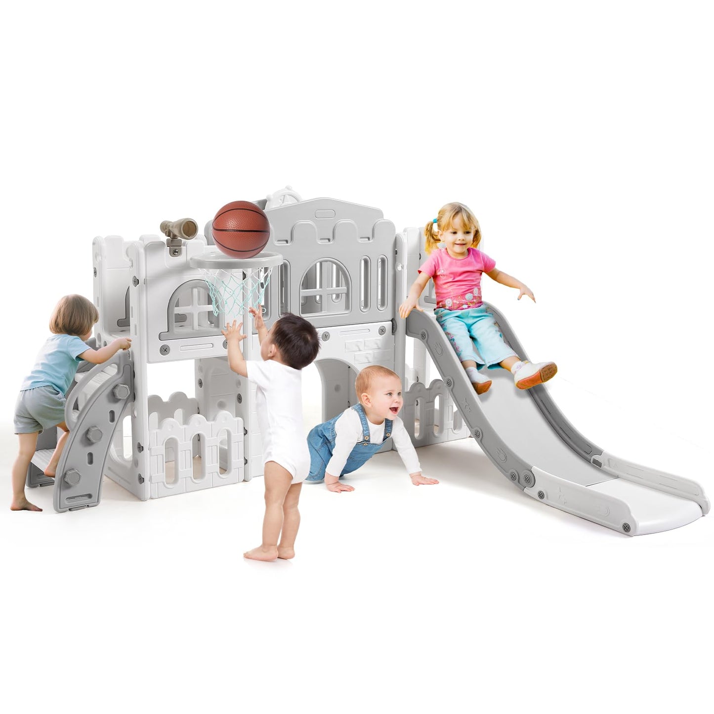 Kinder Rutsche 8 in1 Mit Klettern, Teleskop, Basketballkorb,Tunnel, Bohrspiel und Stauraum, Kleinkinderklettergerüst für Kleinkinder 1–3 Jahren