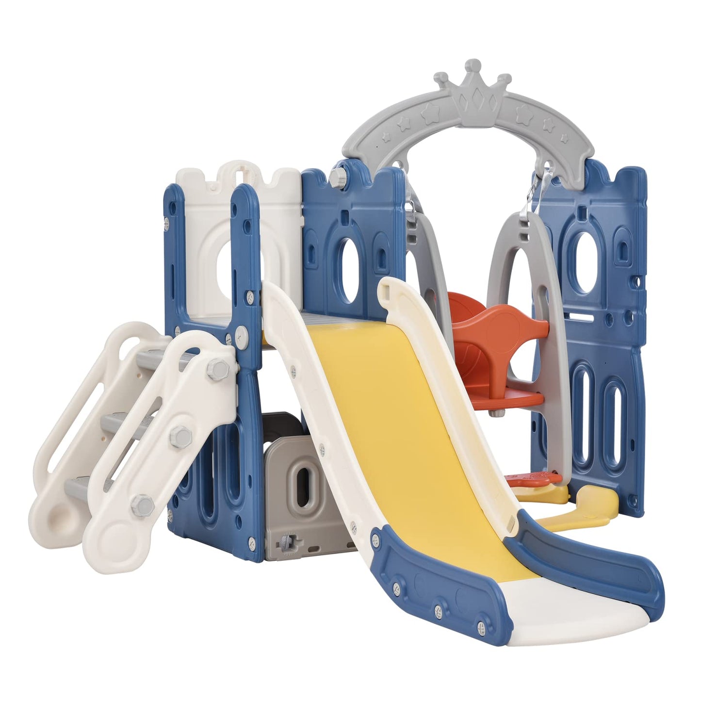 BestAlice 4 in 1 Kinderrutsche Set für Outdoor und Innen, Spielplatz mit Schaukel, Basketballkorb, Kletterleiter, Indoor- und Outdoor-Spielset, 18 Monate + (Blau)