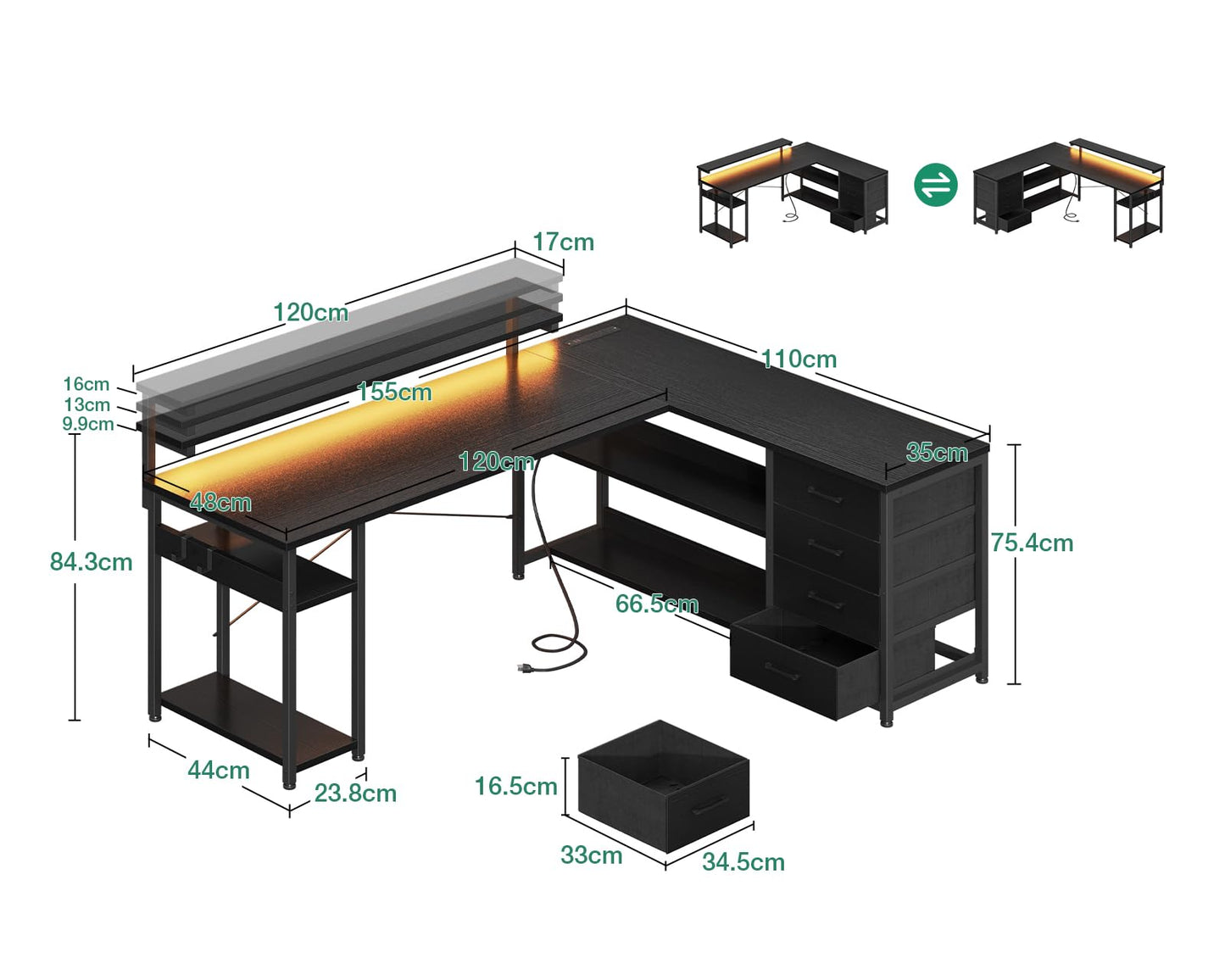 ODK Schreibtisch mit Schubladen, Reversible Eckschreibtisch mit 2 Steckdosen und 2 USB Ladeanschluss, Bürotisch L Form mit LED für Home Office 155×110cm (Alles Weiß)