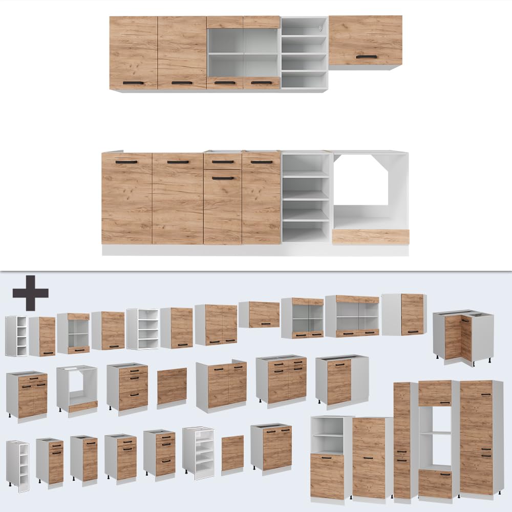 Vicco Küchenzeile R-Line, Küchenblock, Blau-Grau/Weiß, 240 cm ohne Arbeitsplatte
