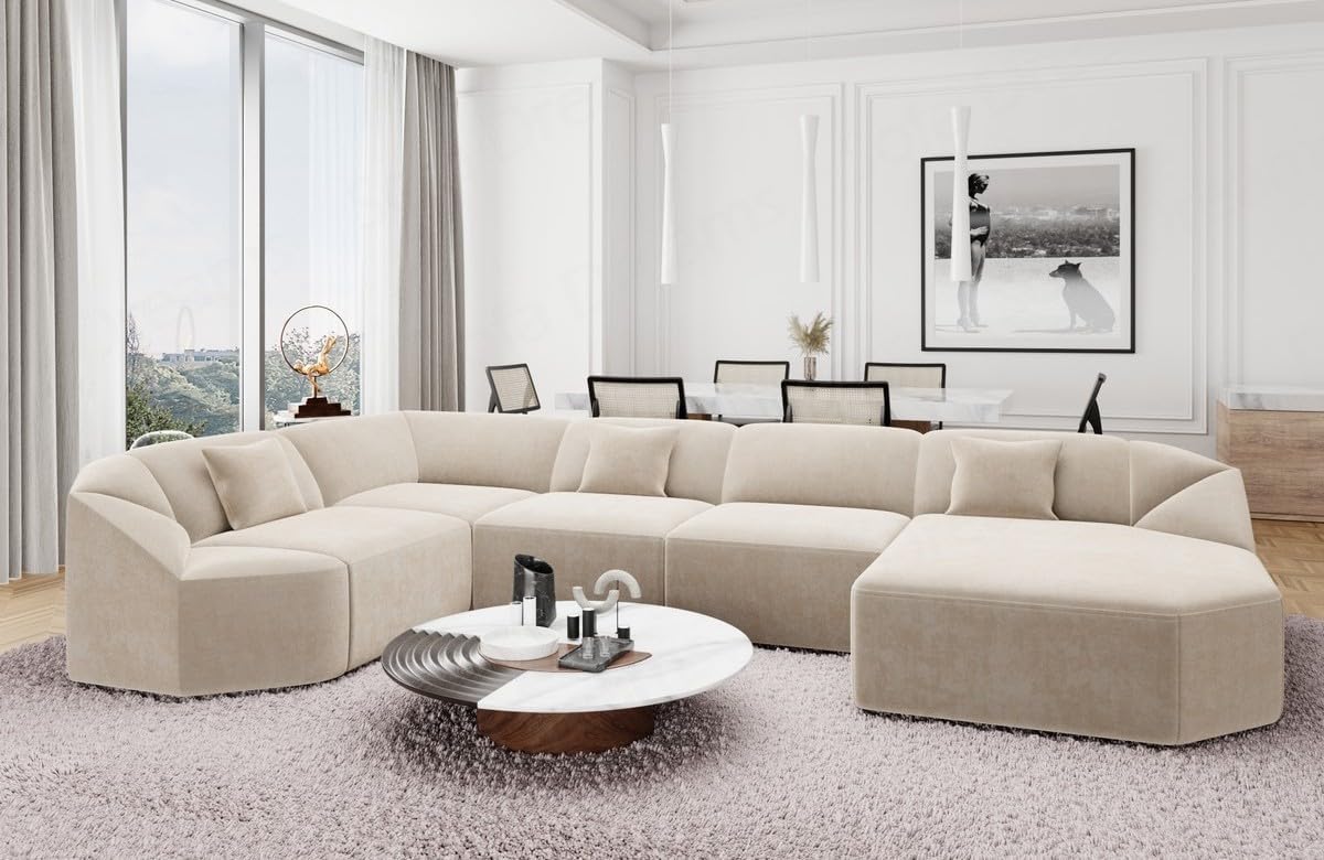 Wohnlandschaft Cabrera U-Shape Fabric Sofa in Velvet Designer Sofa Sun Velvet (Green, Ottoman Left)