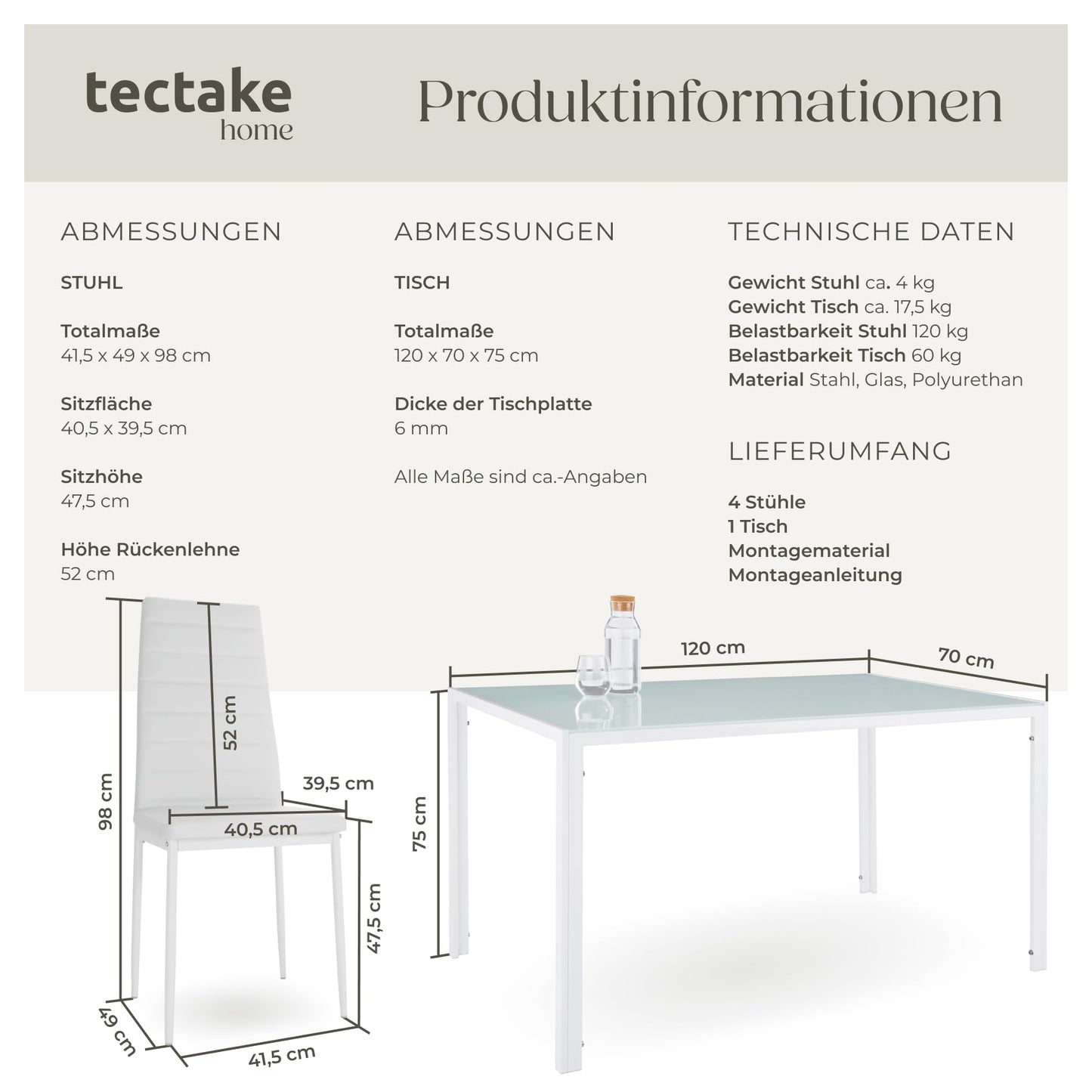 tectake Dining Set Table and Chairs, Dining Table and 4 x Chairs, Durable Faux Leather, Safety Glass Table Top, Modern Kitchen Chairs - Black