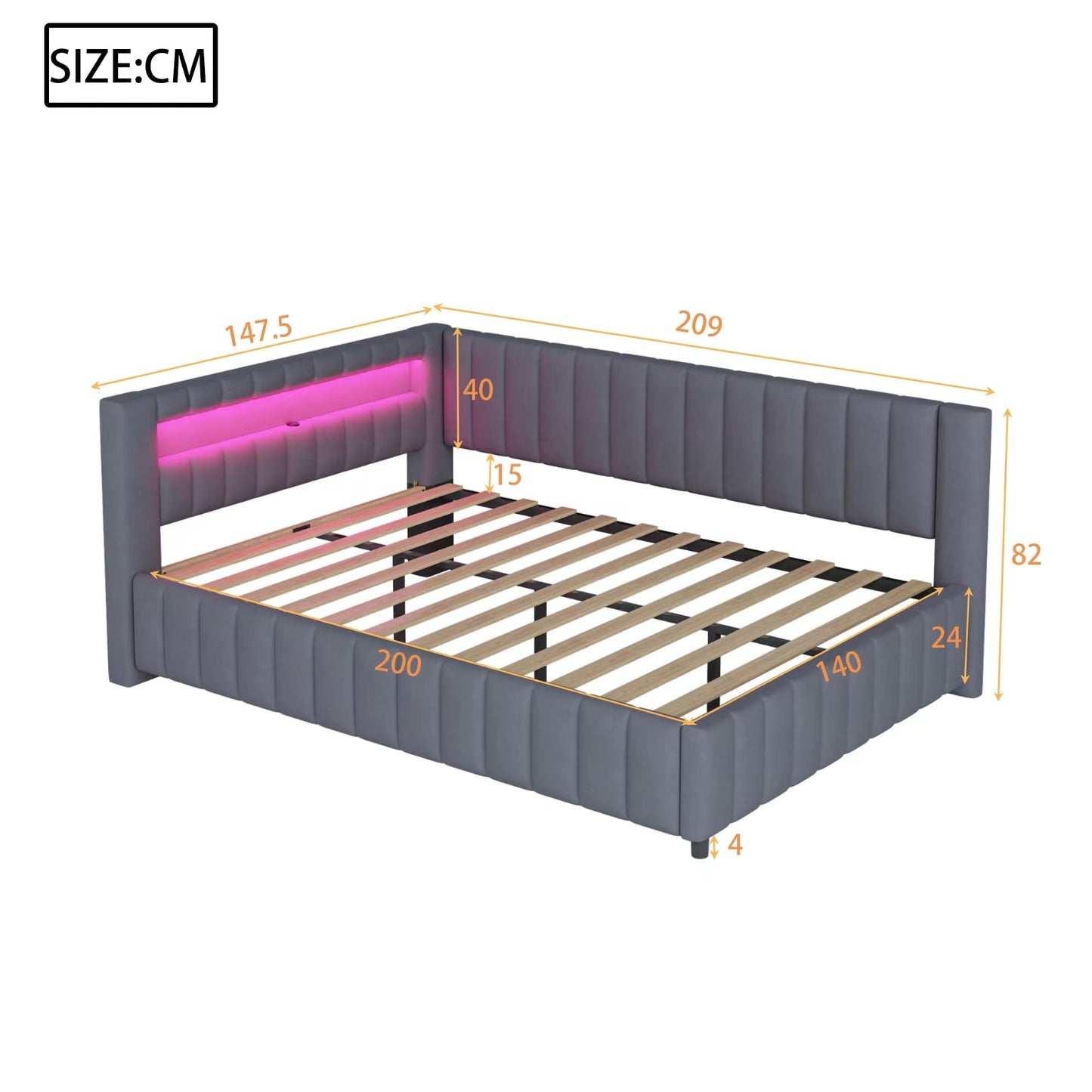 KEYIDE Upholstered Sofa Bed, 140 x 200 cm with LED Lighting and USB Charging, Bed Frame with Wooden Slatted Frame, Day Bed, Guest Bed, Youth Bed, Velvet Fabric, Without Mattress (Grey, 140 x 200)