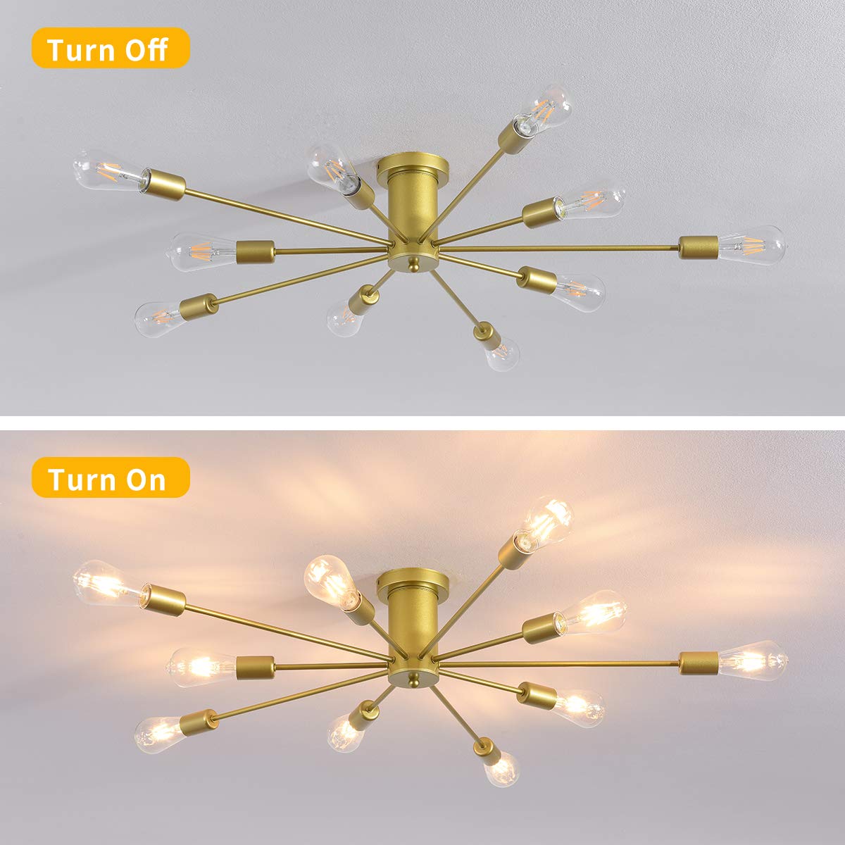 JIINOO 10 Lights Modern Chandelier Ceiling Light Gold Industrial Ceiling Lamp Medieval Semi Flush Mount Chandelier Ceiling Light for Kitchen Dining Room Living Room Bedroom Lighting