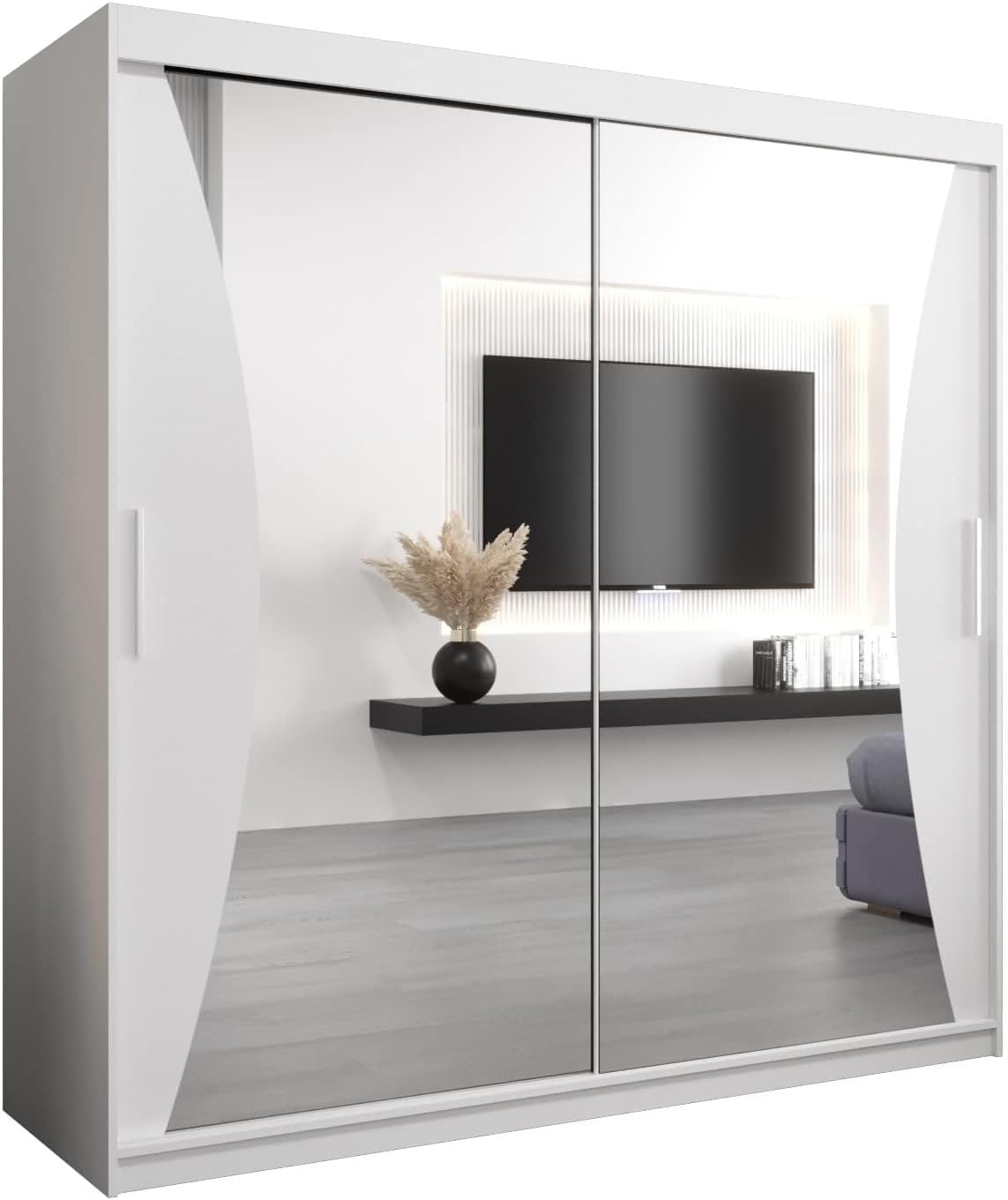 MEBLE KRYSPOL Kleiderschrank mit Spiegel Monaco - Garderobenschrank - Schrank Schlafzimmer - Mehrzweckschrank DREI Schiebetüren - Regalen - Flur Möbel - Kleiderstange Schrank - Allzweckschrank