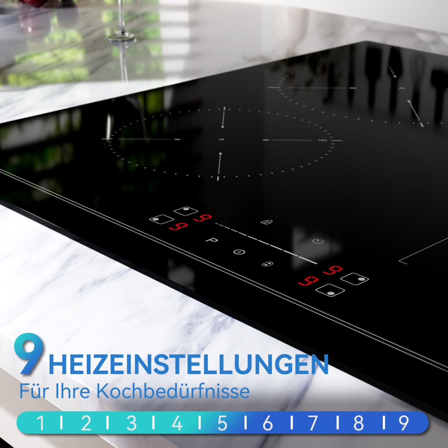 Hermitlux kochfeld 28,8cm, Glaskeramik Kochfeld 2 Platten, 9 Leistungsstufen, Touch-Steuerung, Timer, Kindersicherung, Geeignet für Alle Töpfe, 3300W