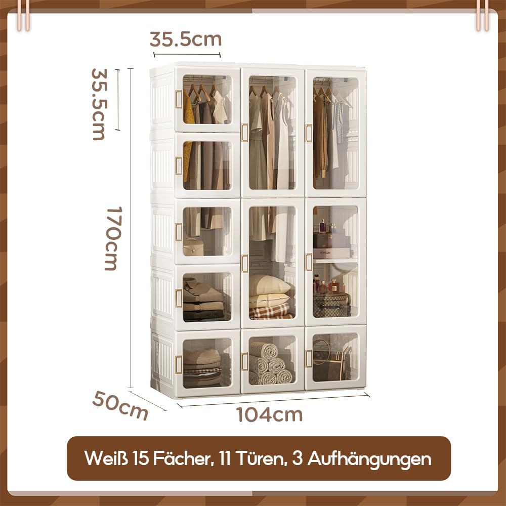 MAYIBOX Foldable Wardrobe, 104 x 170 x 50 cm, Quick Assembly, Versatile Wardrobe with Clothes Rail and Magnetic Doors, Perfect for Bedroom and Living Room, Brown Transparent Door Plate