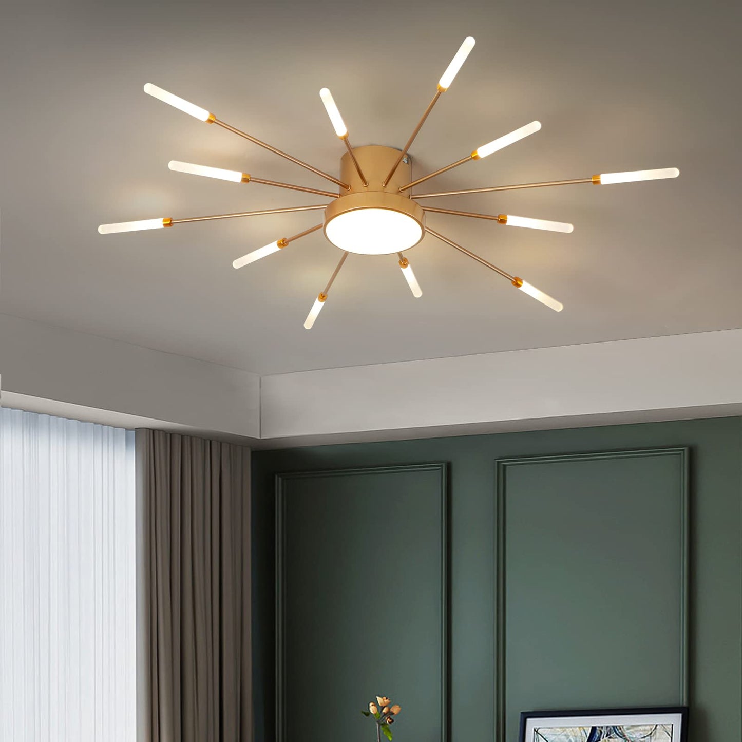 minifair Moderne LED-Deckenleuchte, 12 + 1 Köpfe, halbbündige Deckenleuchte, goldene Kronleuchter, Deckenbeleuchtung für Schlafzimmer, Wohnzimmer, Küche, Esszimmer, Restaurant
