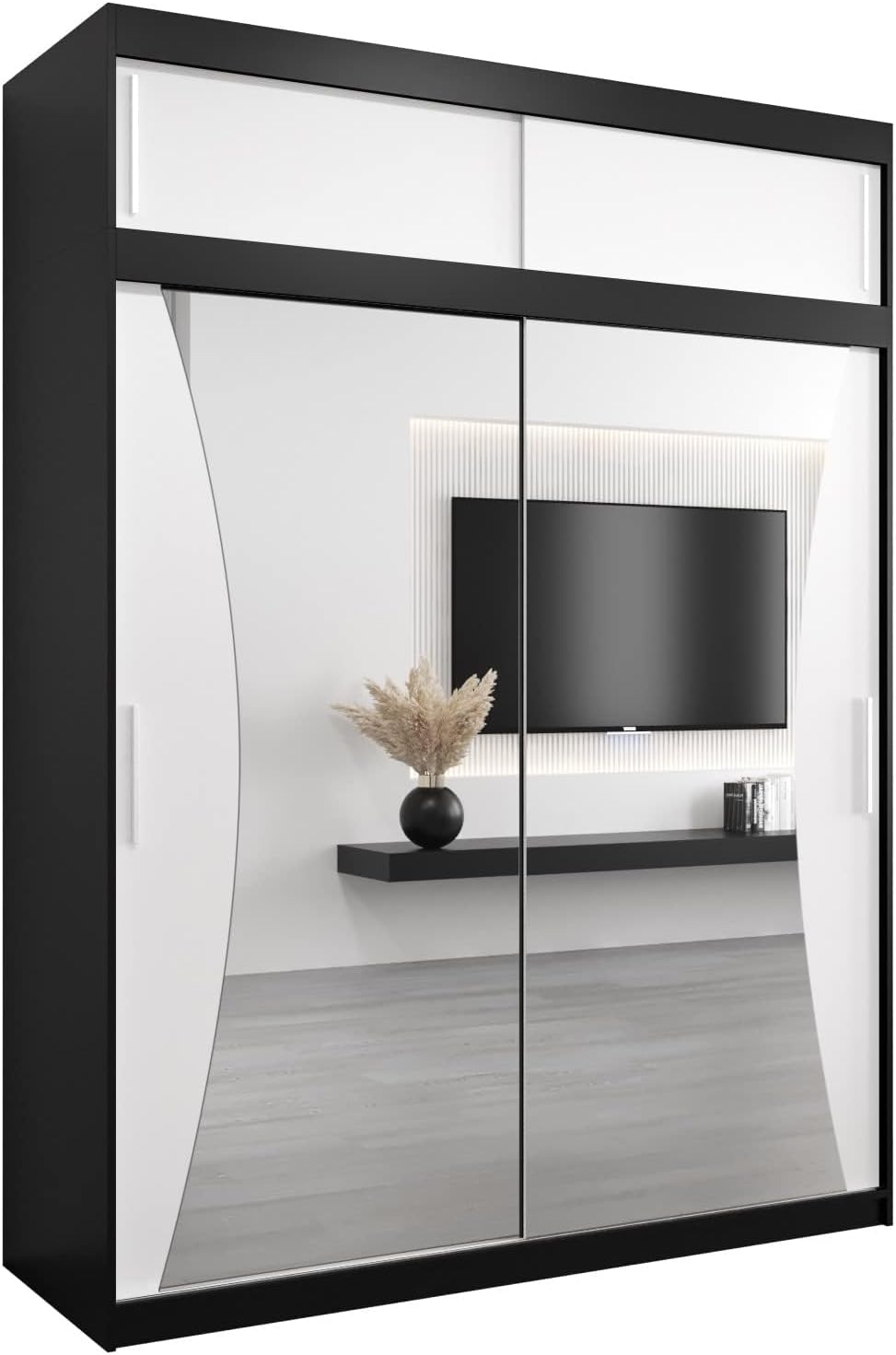 MEBLE KRYSPOL Kleiderschrank mit Spiegel Monaco - Garderobenschrank - Schrank Schlafzimmer - Mehrzweckschrank DREI Schiebetüren - Regalen - Flur Möbel - Kleiderstange Schrank - Allzweckschrank