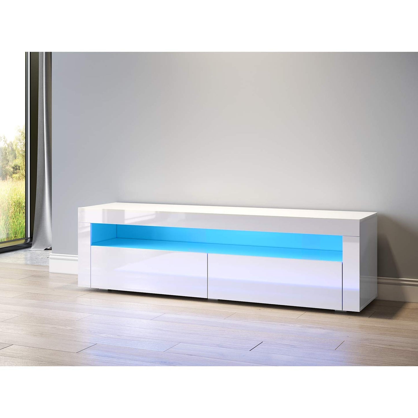 SONNI Modern TV Cabinet 180 cm, Lowboard High Gloss White with 16 Colours LED Lighting, Drawer, Open Glass Shelves, TV Stand for TVs up to 65 Inches, Living Room & Bedroom, 180 x 35 x 45 cm