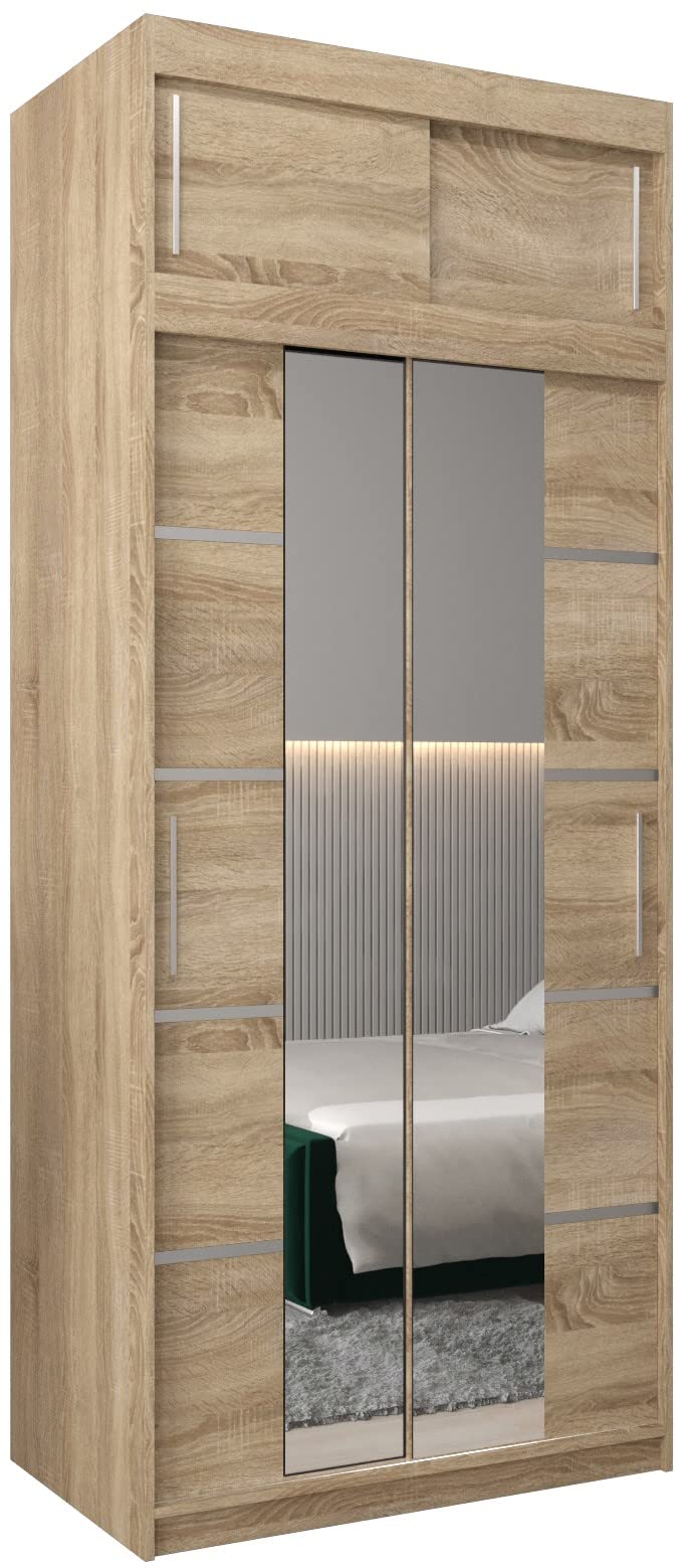 MEBLE KRYSPOL Verona 4 250 Bedroom Wardrobe Sliding Doors Cabinet with Mirror Wardrobe with Mirror Sliding Door Wardrobe Sliding Doors - 250 x 240 x 62 cm - Sonoma with Extension