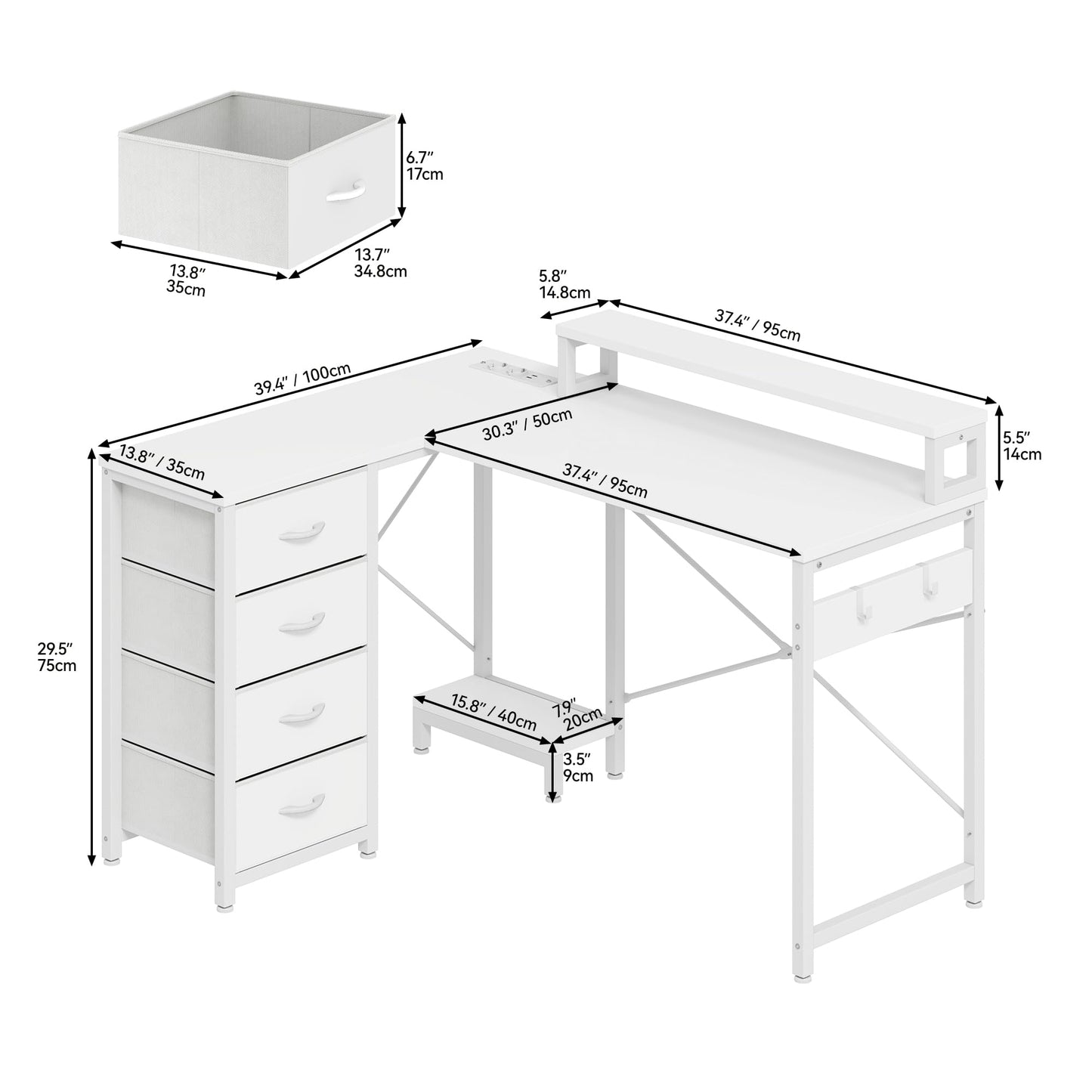 YITAHOME Desk, Reversible Corner Desk with 4 Drawers, L Shape Desk with 2 Sockets and 2 USB Charging Ports, Office Table L Shape with LED, 130 x 100 cm, Corner Table with Monitor Shelf, White