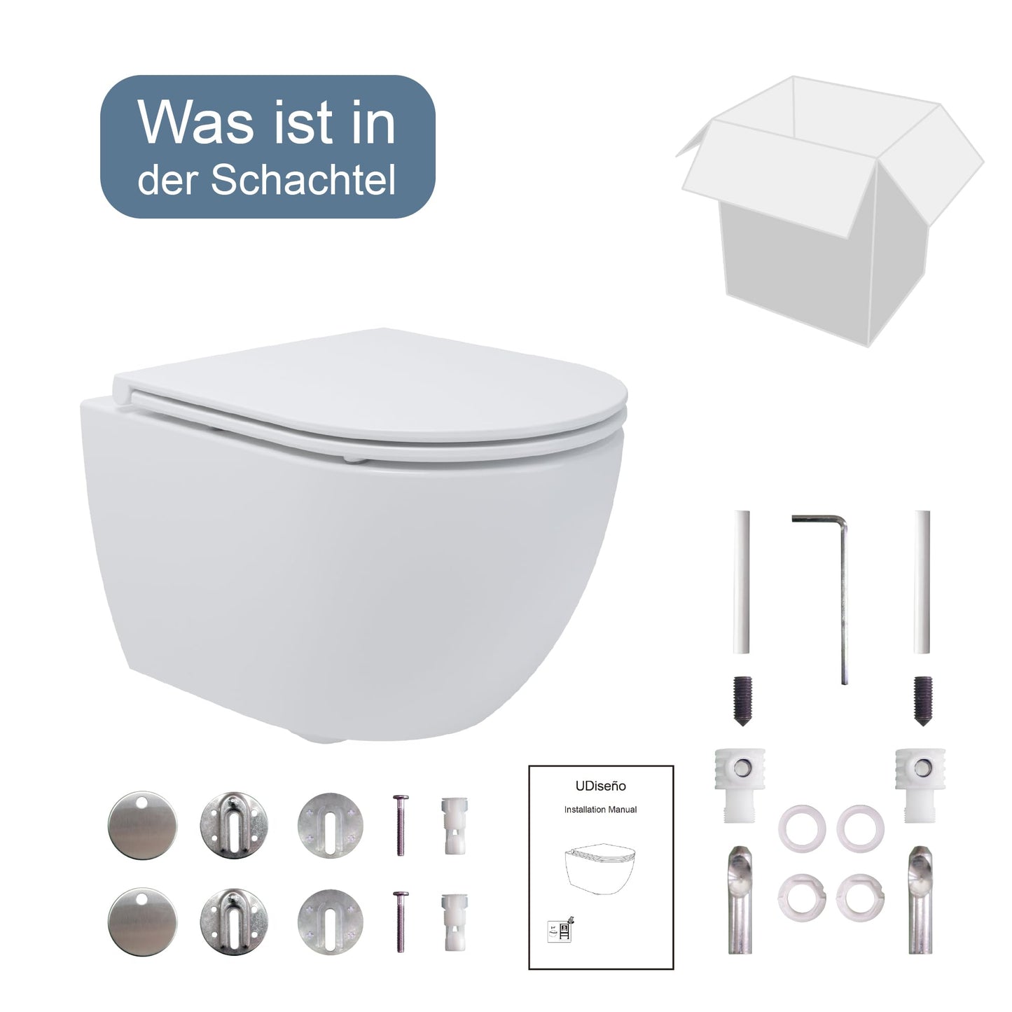 UDiseño Wall Toilet Rimless Toilet, 360° Superspin Flush Hanging Toilet, Raised Complete Set, D Shape, Low Noise Tornado Toilet Flush, UF Lid Seat with Soft-Close Mechanism, 52.5 cm Long, White