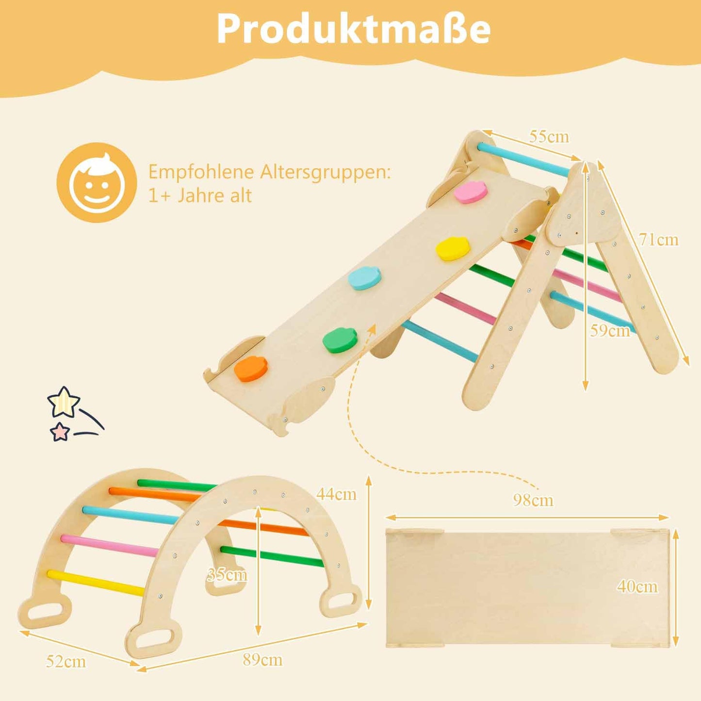 COSTWAY Kletterdreieck mit Rutsche, Kletterbogen, inkl. doppelseitige Rampe, zum Klettern, Rutschen und Wippen, 4 in 1 Klettergerüst Indoor ab 1 Jahr (Macaron bunt)