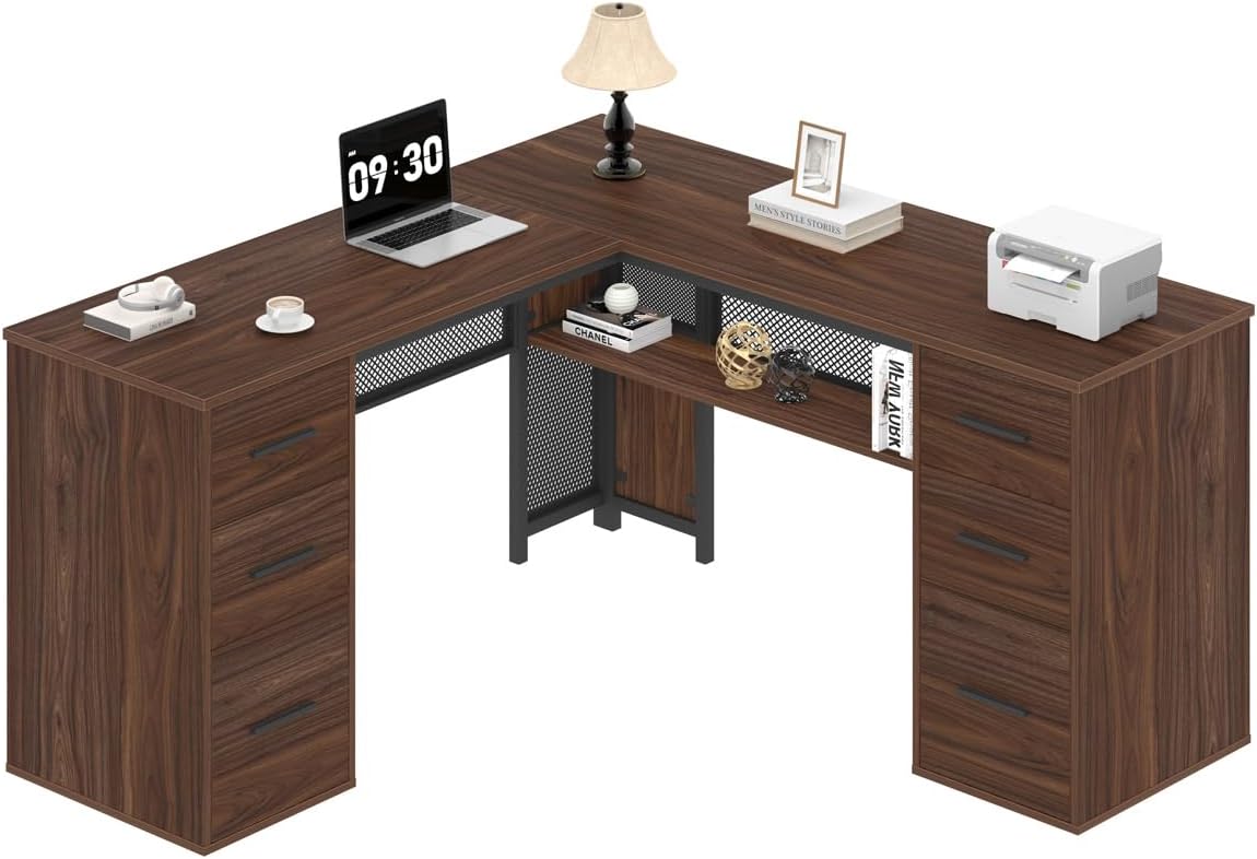 HSH - Black L Shape Corner Desk with Filing Drawers and Shelves, Reversible Corner Desk Made of Metal and Wood with Storage Cabinets