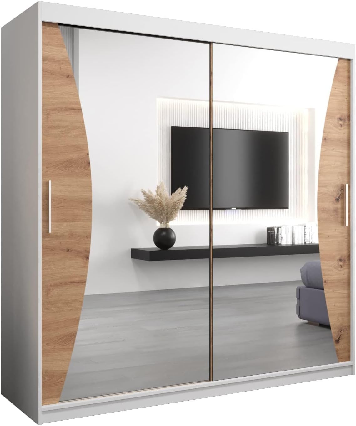 MEBLE KRYSPOL Kleiderschrank mit Spiegel Monaco - Garderobenschrank - Schrank Schlafzimmer - Mehrzweckschrank DREI Schiebetüren - Regalen - Flur Möbel - Kleiderstange Schrank - Allzweckschrank