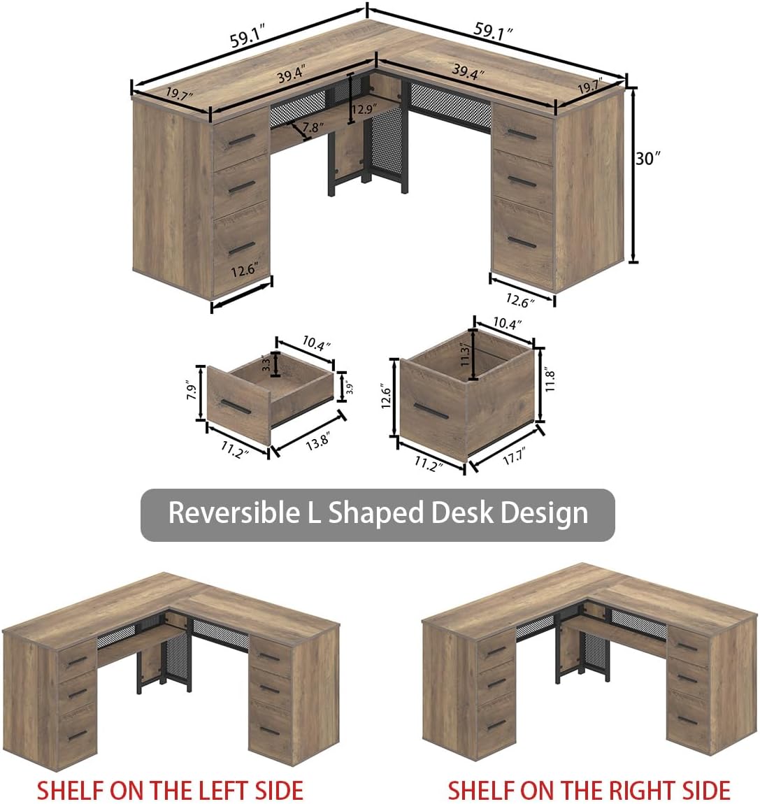 HSH - Black L Shape Corner Desk with Filing Drawers and Shelves, Reversible Corner Desk Made of Metal and Wood with Storage Cabinets