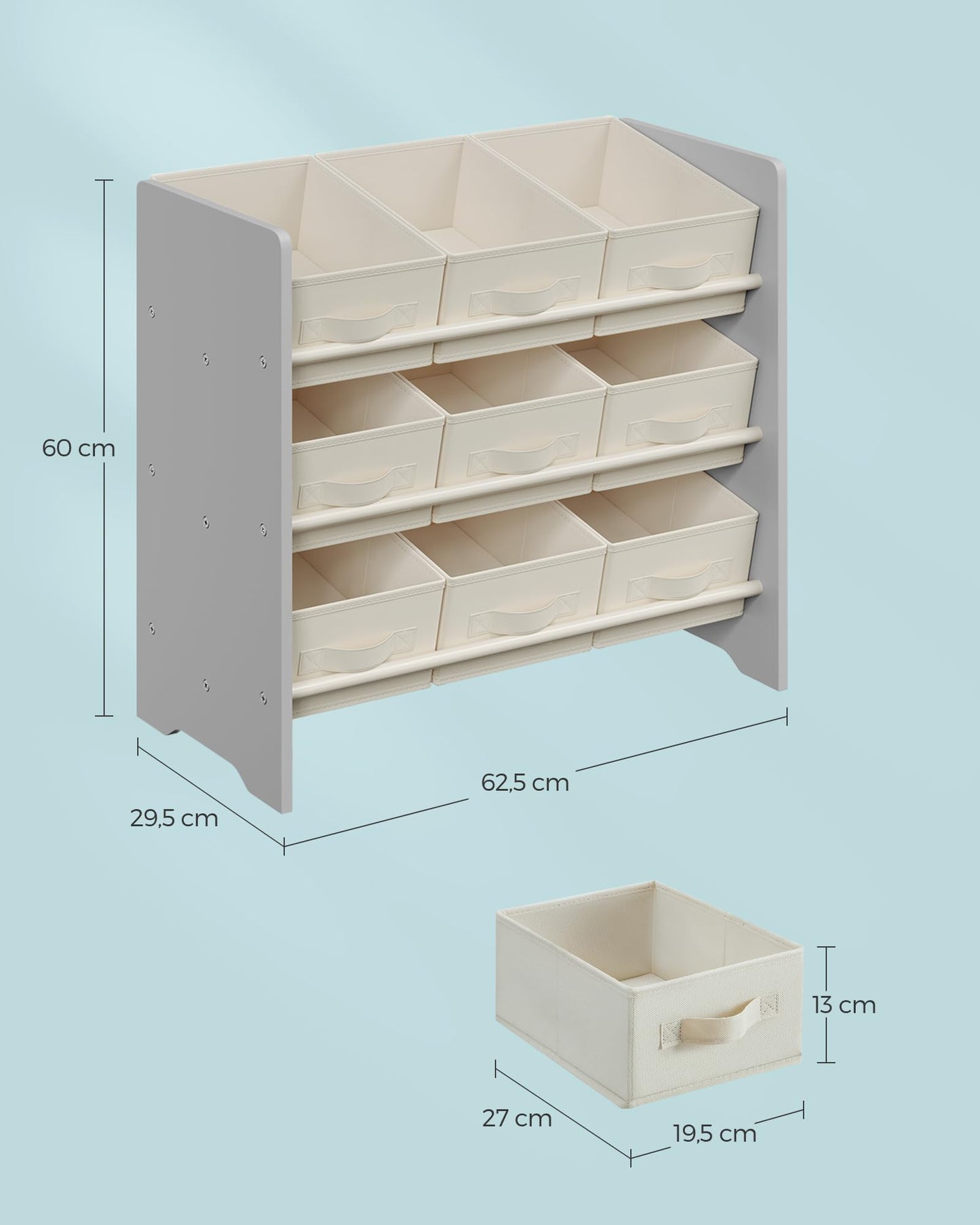 SONGMICS Kinderregal, Spielzeugregal, Bücherregal Kinder, mit 9 Aufbewahrungsboxen aus Vliesstoff, Kinderzimmer Regal, geräumig, 29,5 x 62,5 x 60 cm, wolkenweiß GKR033W10
