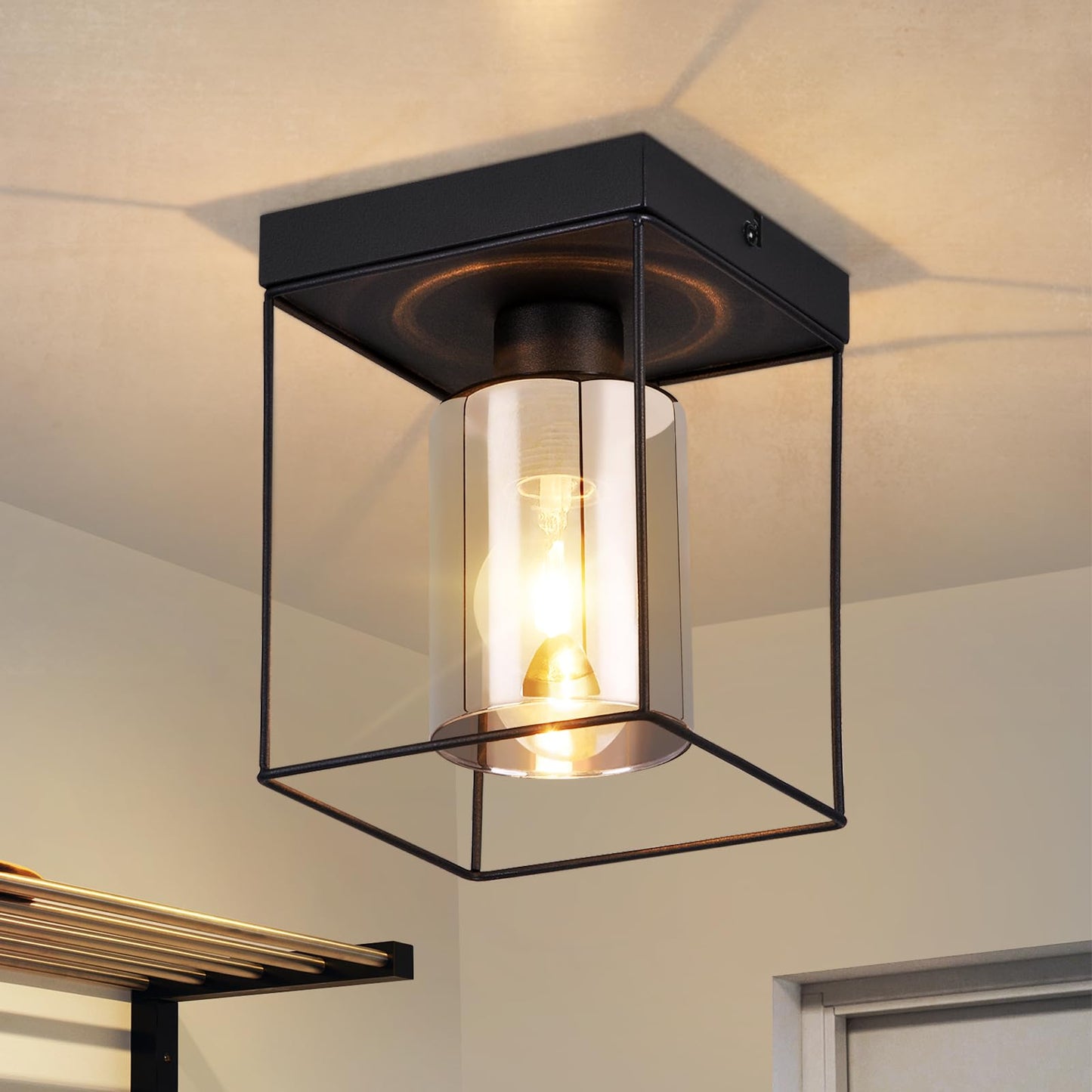 CBJKTX Ceiling Light Living Room Ceiling Light Glass - 4 Bulbs E27 Vintage Black Dining Room Lamp Industrial Style Metal Ceiling Retro Living Room Lamp for Bedroom Dining Room Kitchen (Light Bulb Not