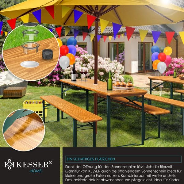 KESSER® Bierzeltgarnitur 3 teilig Gartenmöbel-Set | Klappbar 220 x 50 x 77cm | 2X Bierbänke 1x Biertisch | Festzeltgarnitur Biertisch Stehtisch Sitzgarnitur Holz 16-teiliges Bodenschoner-Set