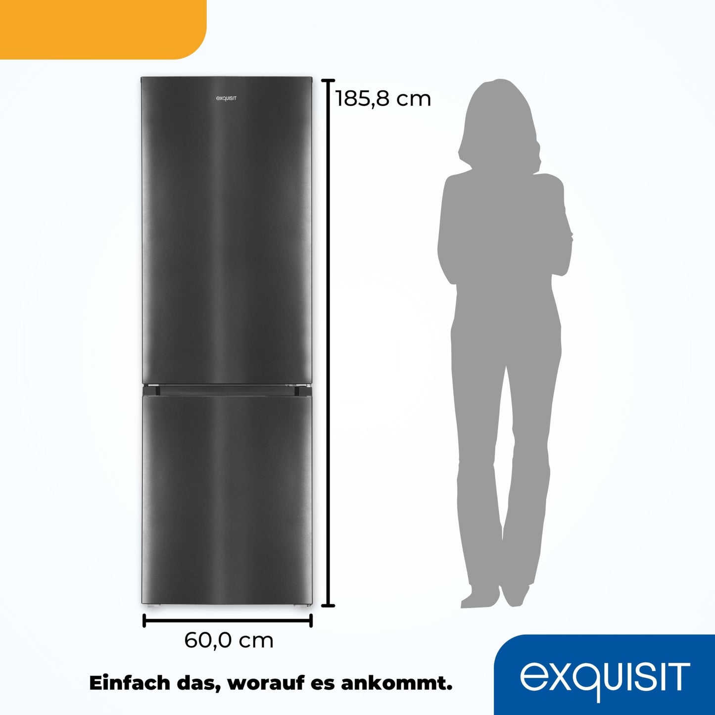 Exquisit Kühl-Gefrierkombination, 186 cm Höhe, Kühlschrank mit Gefrierfach, 4-Sterne-Gefrieren, 315 Liter, Alarm-Funktion, KGC5320-95-E-040C inoxlook-az