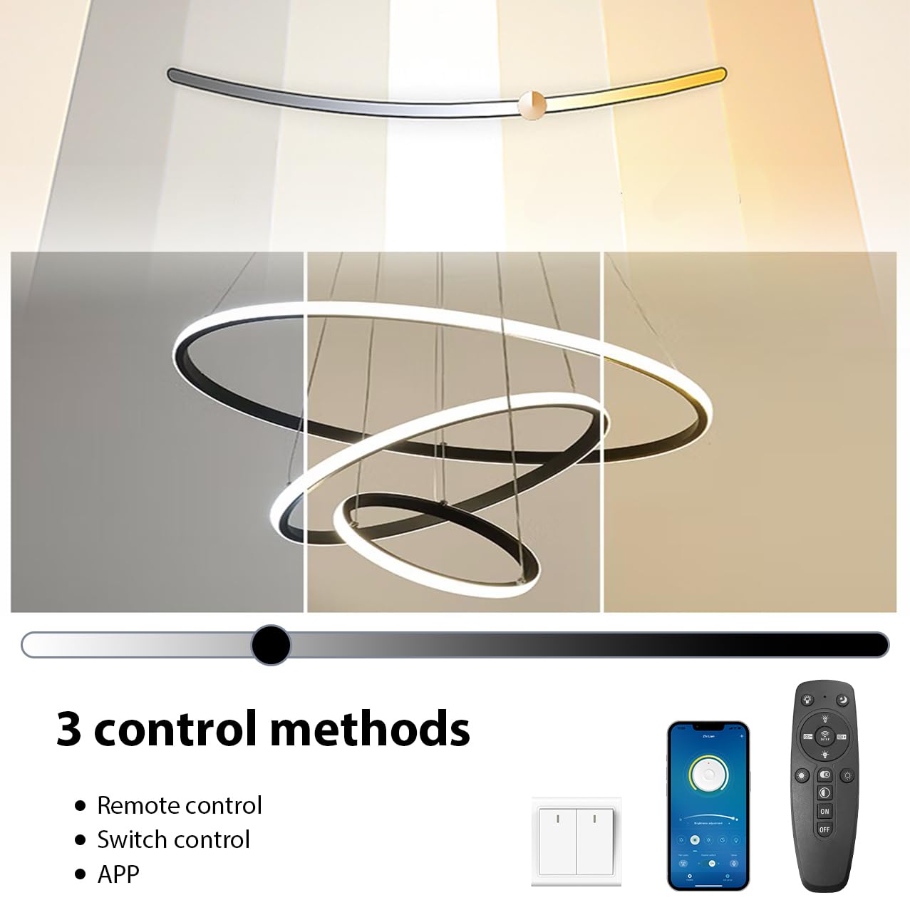 KSIBNW 3 Ringen Moderne LED Hängelampe Esstisch,45W LED Hängeleuchte & Pendelleuchten Höhenverstellbar für Esszimmer Wohnzimmer,Dimmbar Hängeleuchte Aluminium Mit Fernbedienung,3000K-6500K,Schwarz