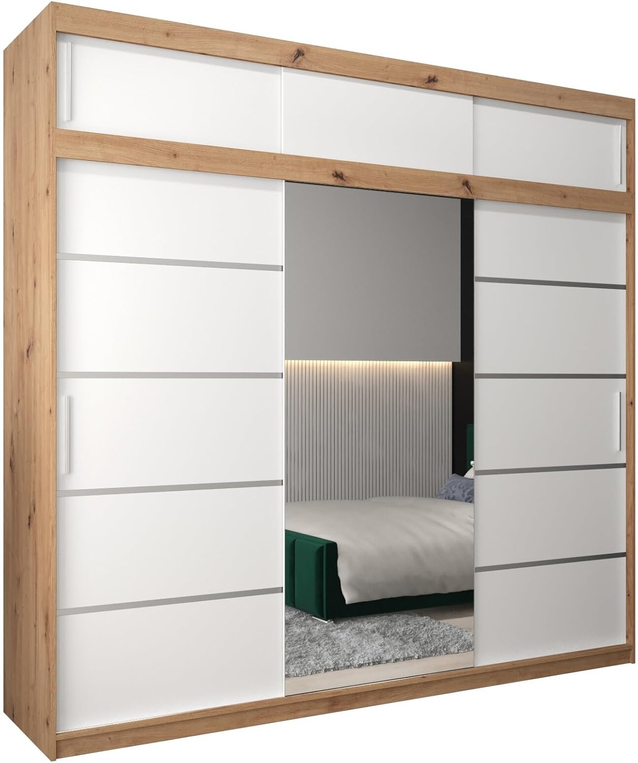 MEBLE KRYSPOL Kleiderschrank mit Spiegel Verona 2 - Garderobenschrank - Schrank Schlafzimmer - Mehrzweckschrank DREI Schiebetüren - Regalen - Flur Möbel - Kleiderstange Schrank - Allzweckschrank
