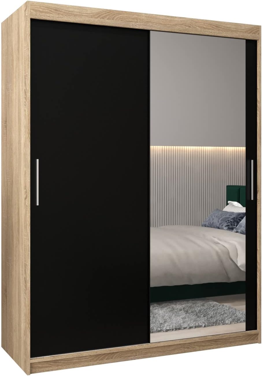 MEBLE KRYSPOL Kleiderschrank mit Spiegel Tokyo 2 - Garderobenschrank - Schrank Schlafzimmer - Mehrzweckschrank DREI Schiebetüren - Regalen - Flur Möbel - Kleiderstange Schrank - Allzweckschrank