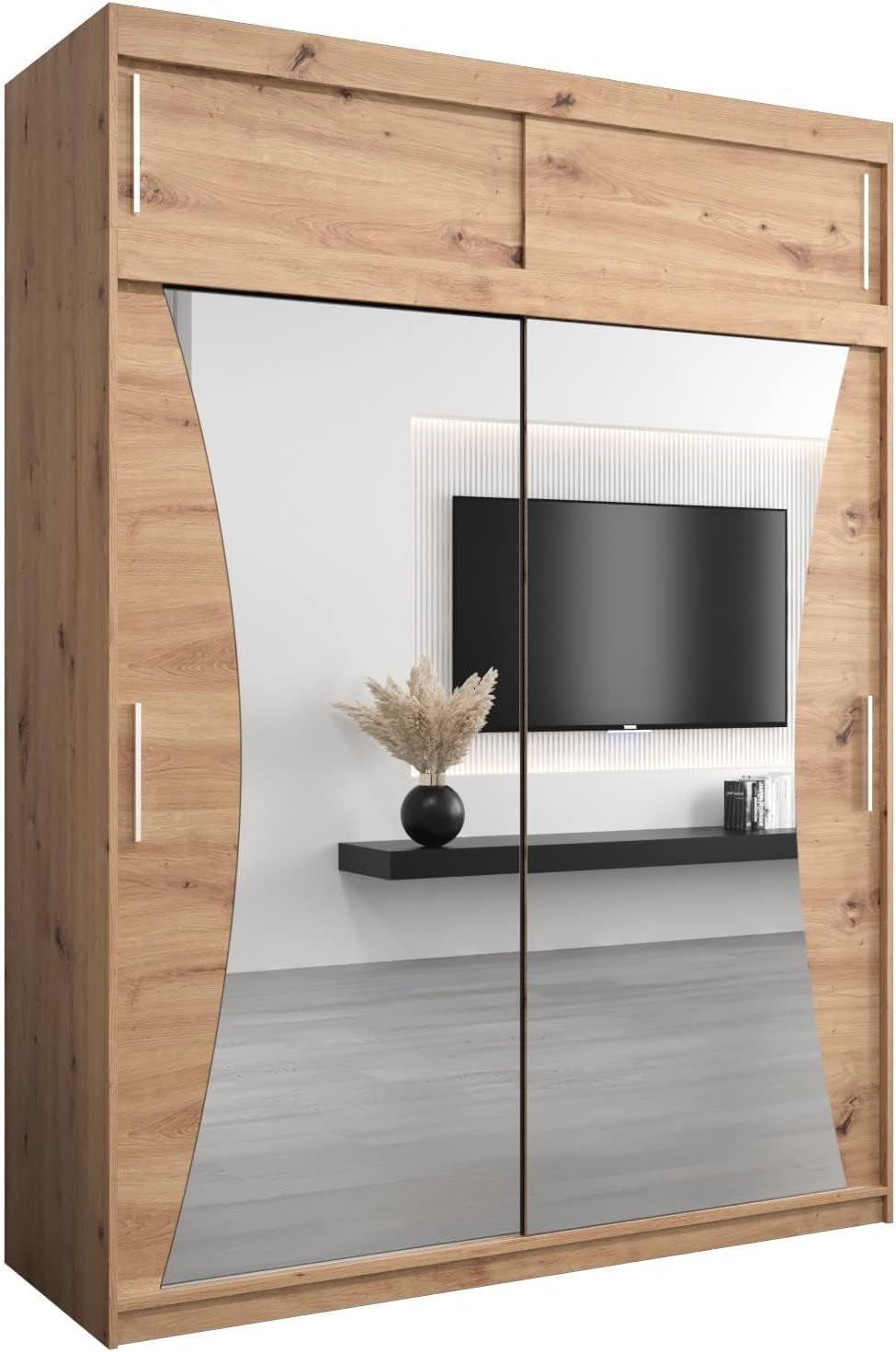 MEBLE KRYSPOL Kleiderschrank mit Spiegel Monaco - Garderobenschrank - Schrank Schlafzimmer - Mehrzweckschrank DREI Schiebetüren - Regalen - Flur Möbel - Kleiderstange Schrank - Allzweckschrank