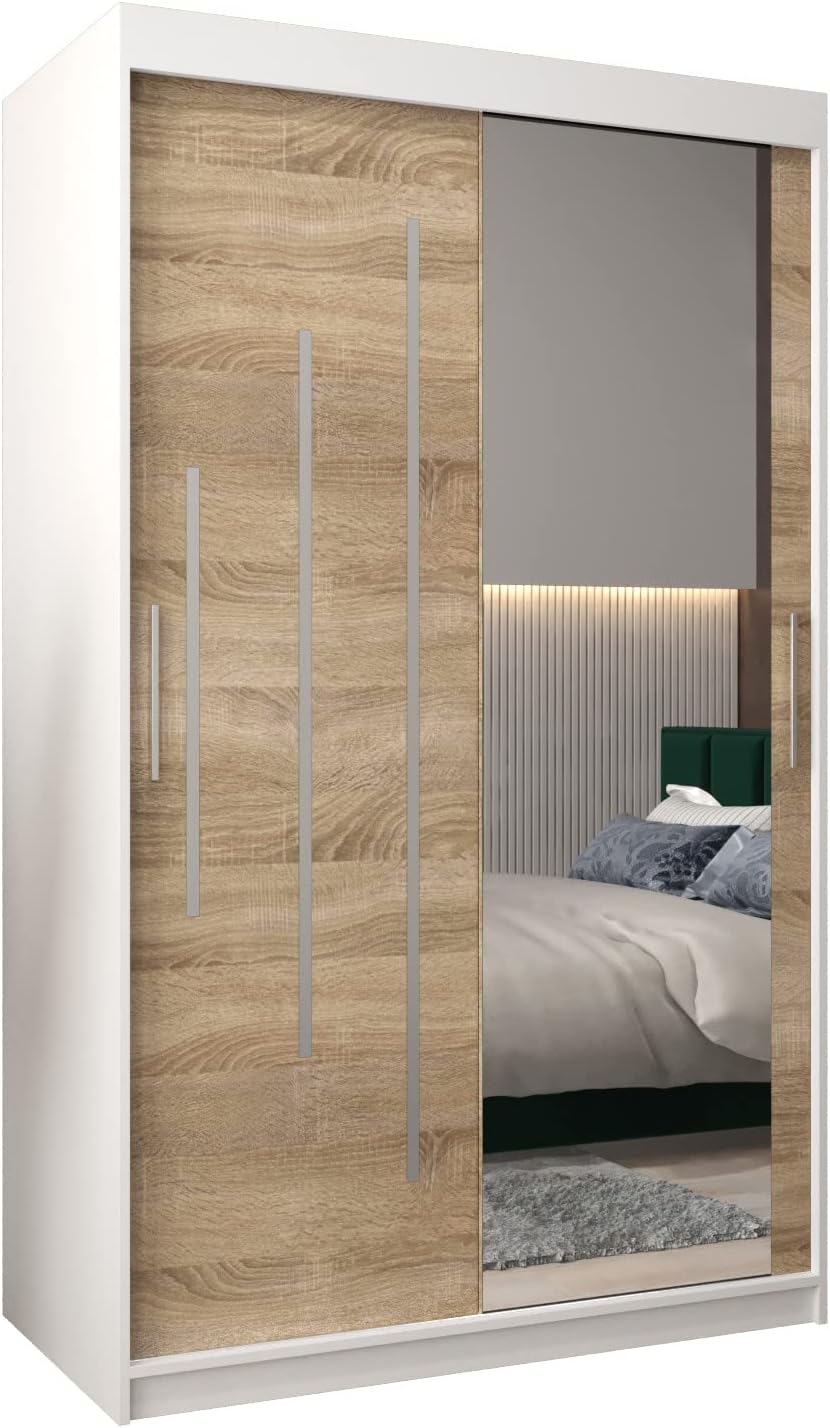 MEBLE KRYSPOL Kleiderschrank mit Spiegel York 2 - Garderobenschrank - Schrank Schlafzimmer - Mehrzweckschrank Zwei Schiebetüren - Regalen - Flur Möbel - Kleiderstange Schrank - Allzweckschrank