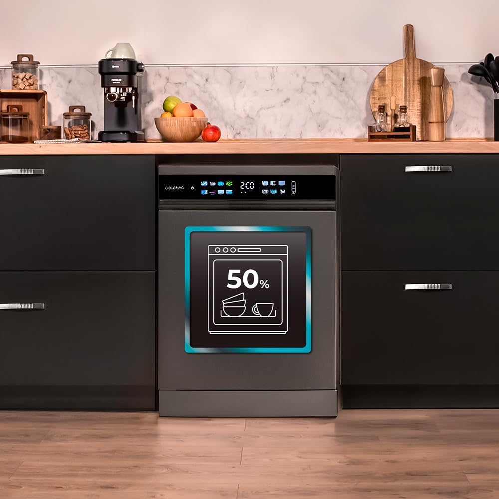 Cecotec Geschirrspüler 60 cm - Freistehend Bolero Aguazero 6210 Dark D. 15 Bestecke, energieeffizient, XXL Fullcolor Display, drittes Fach, 14 Programme, Dual Zone Wash, verstellbares Fach, Dunkel