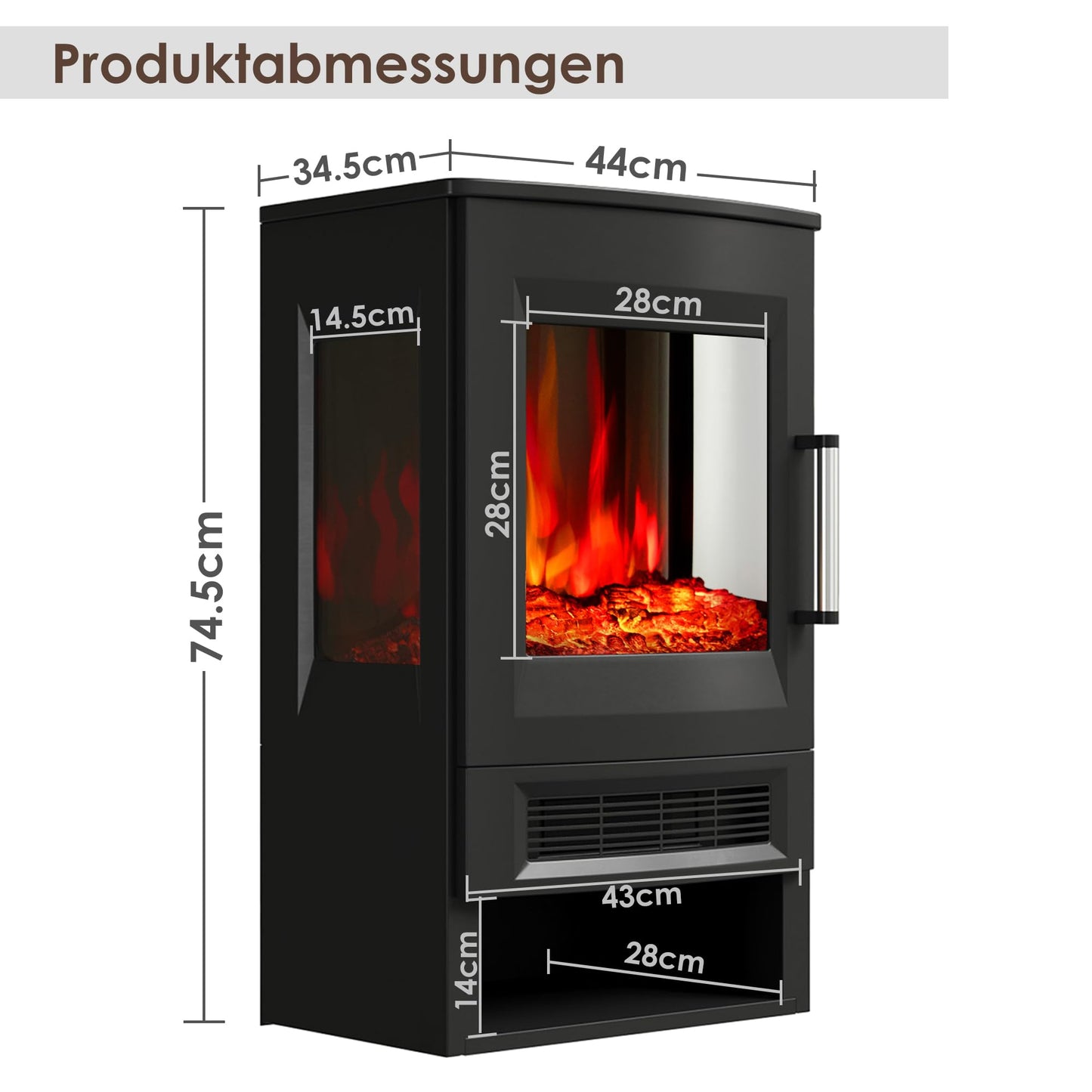 INMOZATA Elektrischer Feuerherd Panorama Freistehender elektrischer Kamin mit 8-farbigem Flammeneffekt und Ember-Bett-Effekt, APP & Fernbedienung, 45° TIPP Over Schutz & Überhitzungsschutz