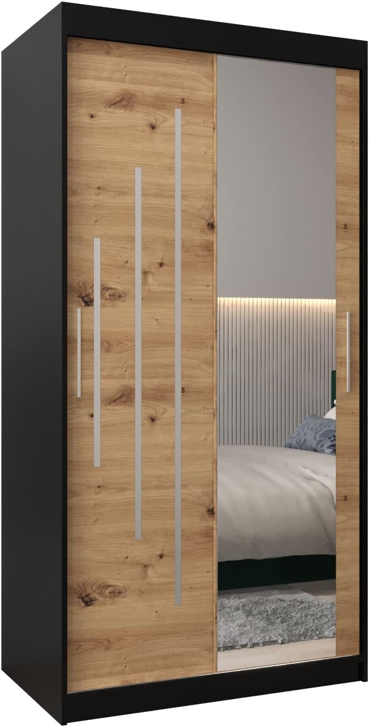 MEBLE KRYSPOL Kleiderschrank mit Spiegel York 2 - Garderobenschrank - Schrank Schlafzimmer - Mehrzweckschrank Zwei Schiebetüren - Regalen - Flur Möbel - Kleiderstange Schrank - Allzweckschrank