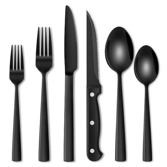 Terlulu 36-Piece Stainless Steel Cutlery Set with Steak Knife Black, Cutlery Set for 6 People, Elegant Cutlery Set with Knife, Fork, Spoon, Cutlery for Home/Party/Restaurant, Dishwasher Safe