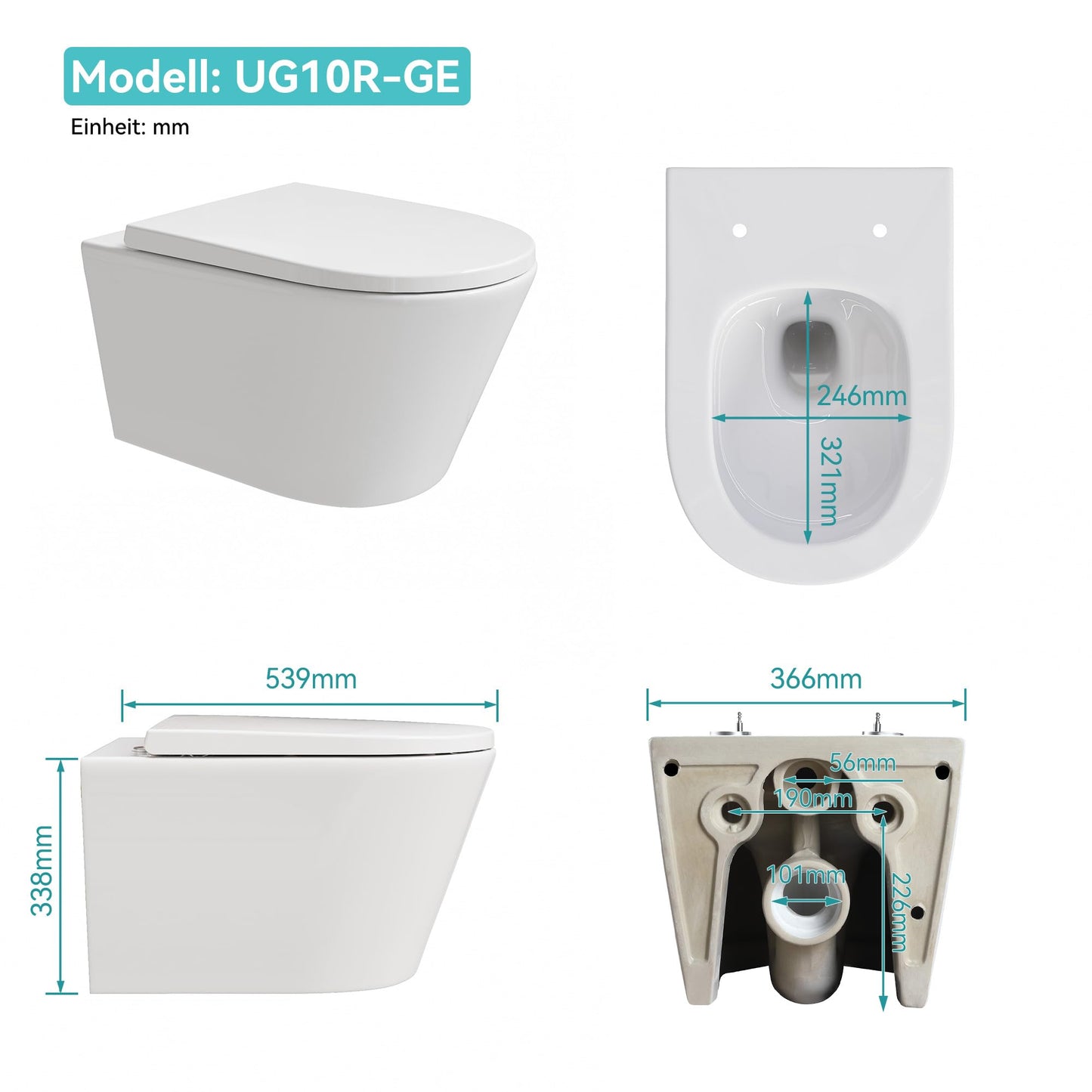 HOROW Wand WC Keramik Hänge WC Set Toiletten mit abnehmbaren Deckel sitz mit Absenkautomatik Hängetoilette, D-Form, kompakte Design Toilette Gästebad