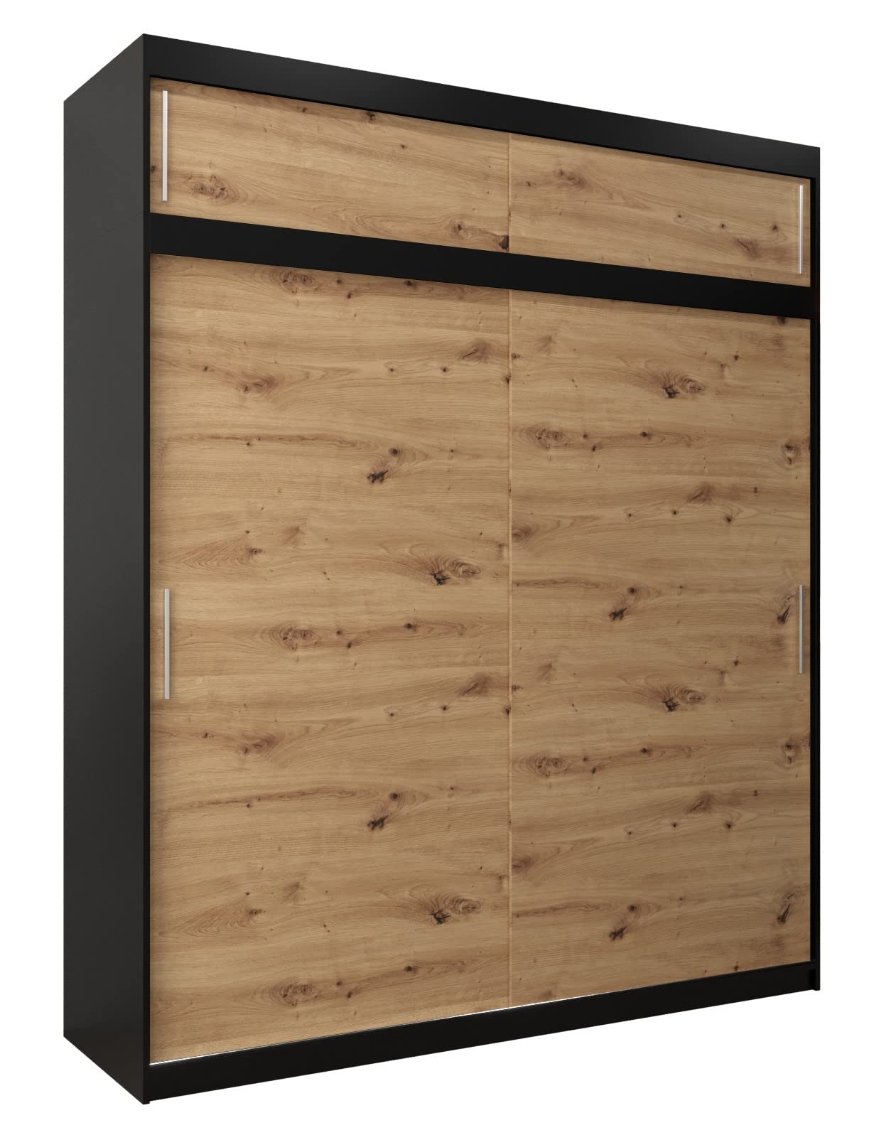 MEBLE KRYSPOL Tokyo 250 Wardrobe with Three Sliding Doors for Bedroom – Modern Storage Cabinet with Clothes Rail and Shelves – 250 x 200 x 62 cm – Matte Black and Artisan