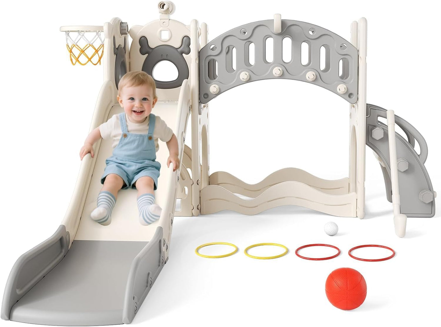 Children's Slide, Large Toddler Slide with Basketball Hoop, Climbing Frame for the Garden, Telescope, Storage Space, for 1-3 Years, Extra Long 1700 mm (7-in-1 Elk Slide Active Model (Khaki)))