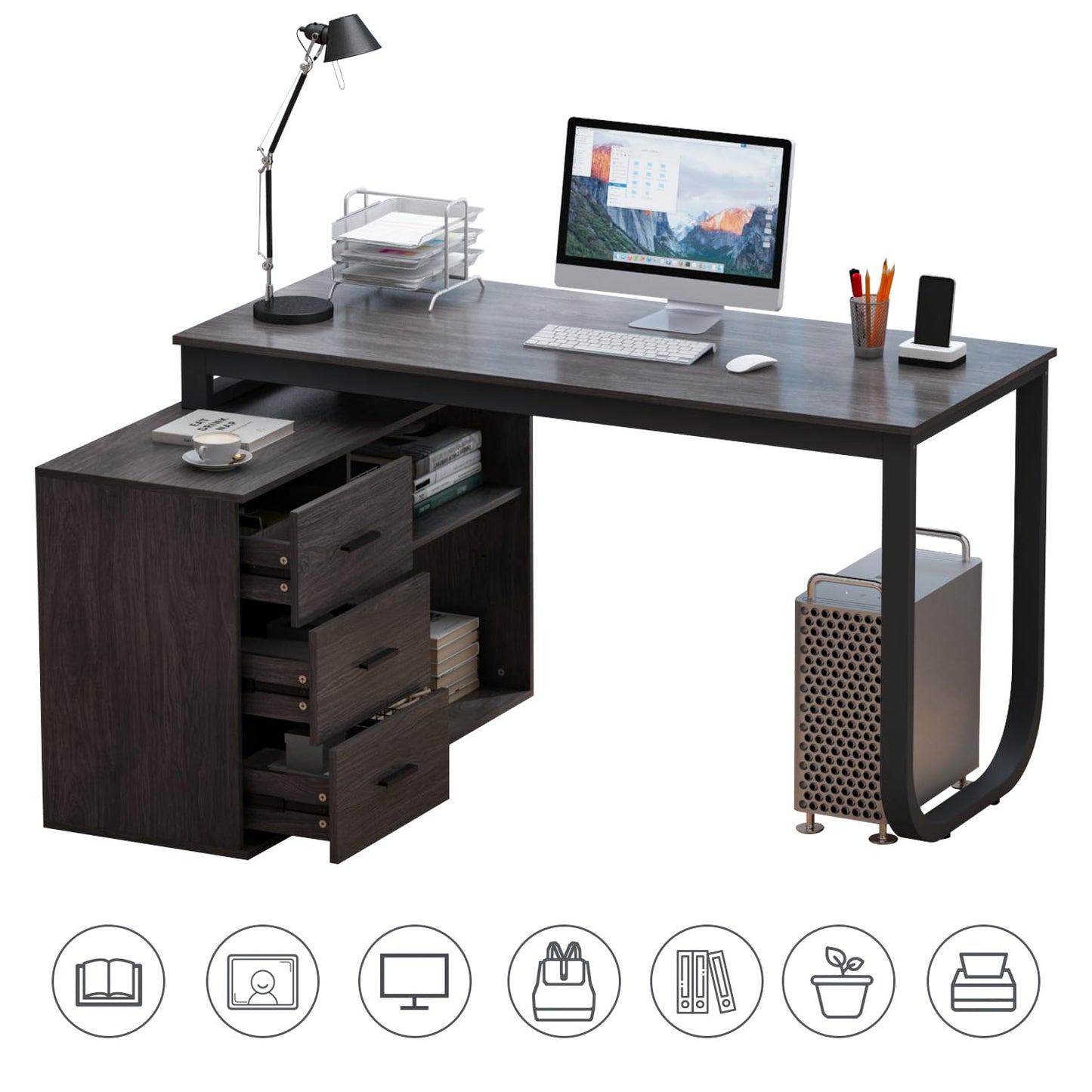 130cm Großer L Förm Schreibtisch mit 105cm Aktenschrank, Eckschreibtisch Computertisch mit 3 Schubladen & 2 Regalen, Arbeitsplatz Executive-Schreibtisch mit Lagerregal für Home Office (Schwarz)