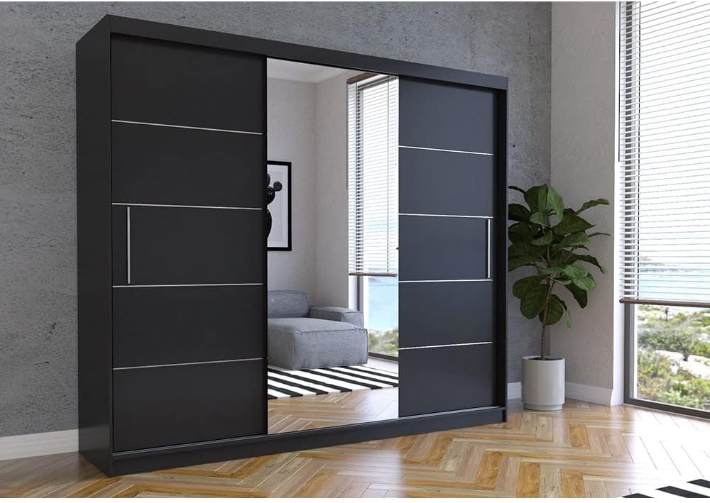 Fabryka Mebli Idźczak Kleiderschrank mit Spiegel, Schiebetüren - Weißer Schwebetürenschrank, Schlafzimmerschrank - 61 x 250 x 218 cm - Schrank für Schlafzimmer, Wohnzimmer, Garderobe