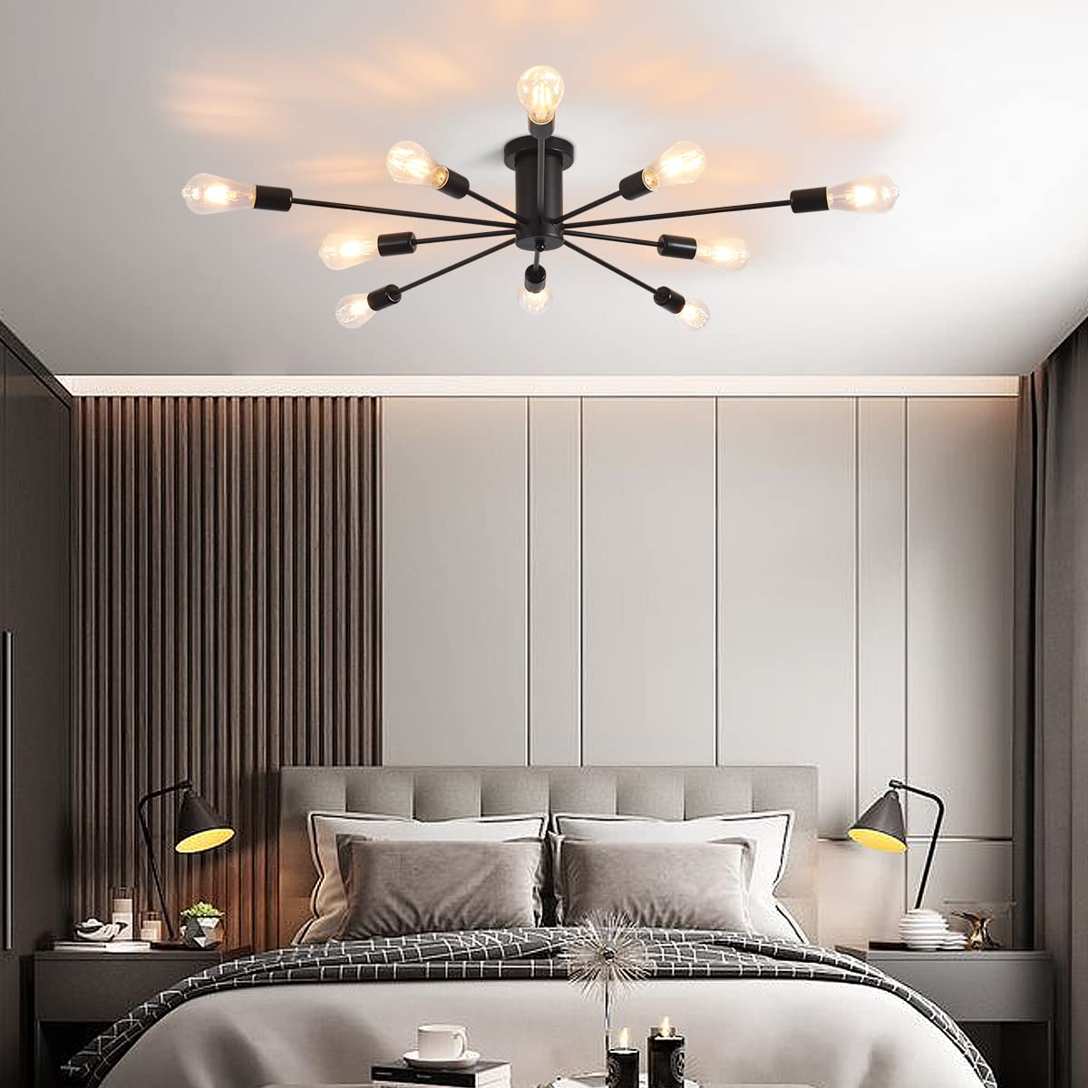 JIINOO 10 Lights Modern Chandelier Ceiling Light Gold Industrial Ceiling Lamp Medieval Semi Flush Mount Chandelier Ceiling Light for Kitchen Dining Room Living Room Bedroom Lighting