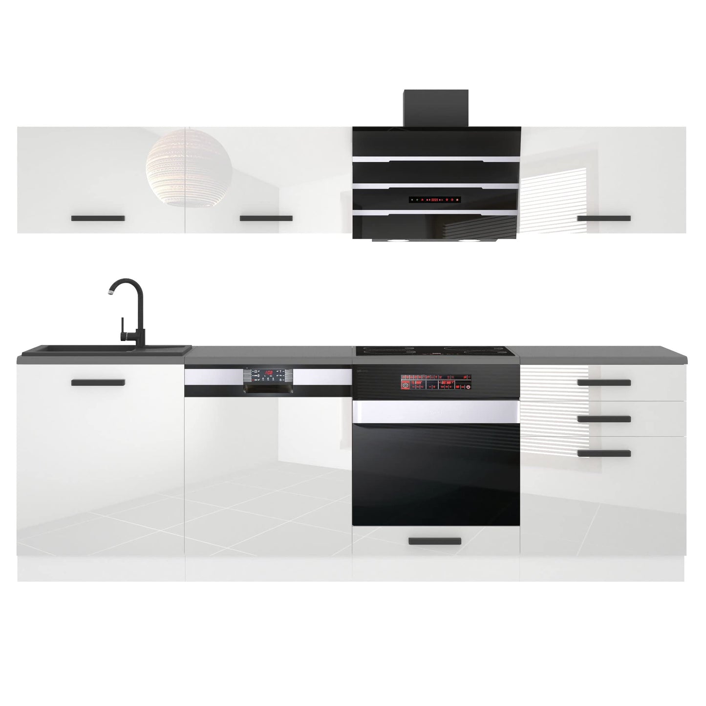 Belini Linda Kitchen Unit, Kitchen Furniture 240 cm, Fully Equipped without Electrical Appliances, with Wall Cabinets and Base Cabinets, with Worktops, Matt White