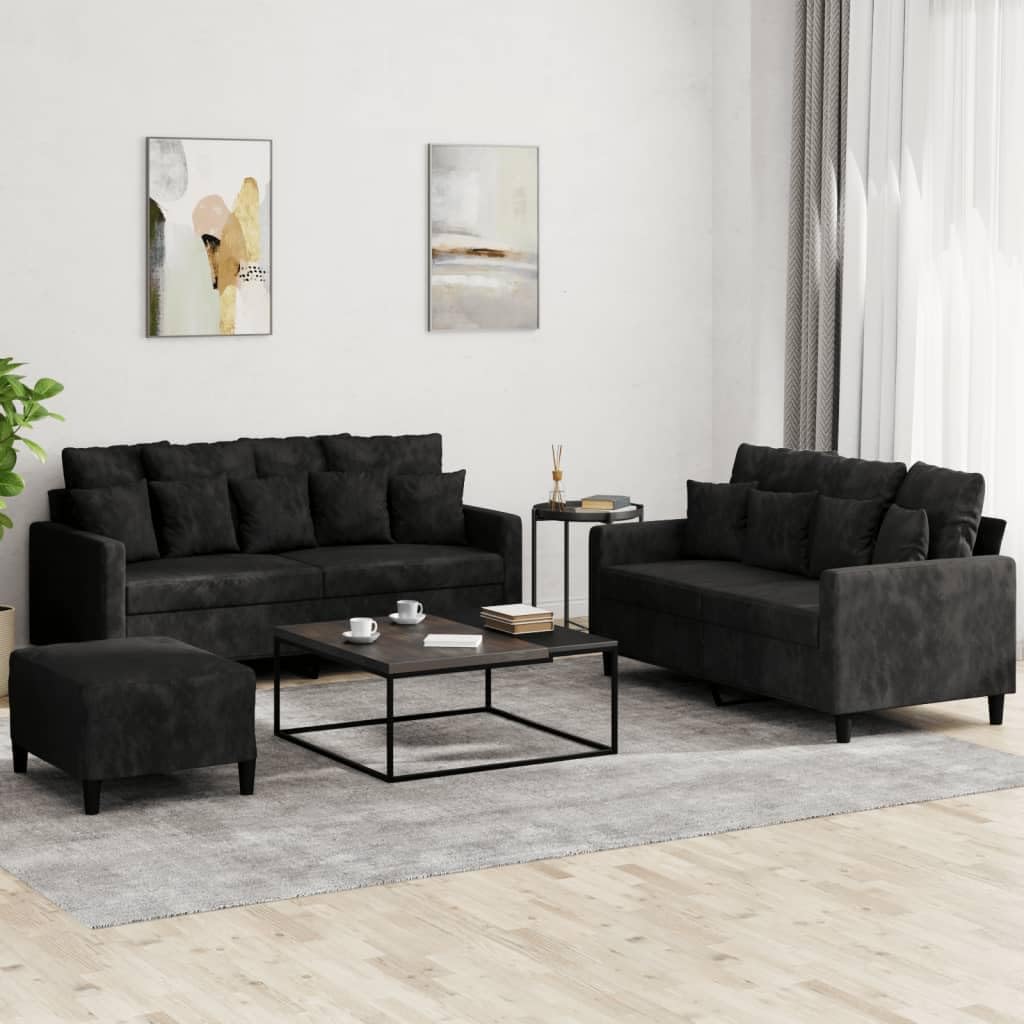 Willood 3-TLG. Sofagarnitur mit Kissen Dunkelgrau Samt,Sofa geeignet für Wohnzimmer, Sofa Set, mit Armlehnen und Kissen