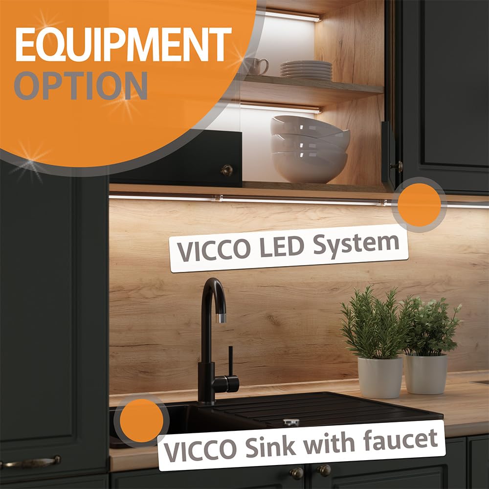 Vicco Küchenzeile R-Line, Küchenblock, Blau-Grau/Weiß, 240 cm ohne Arbeitsplatte