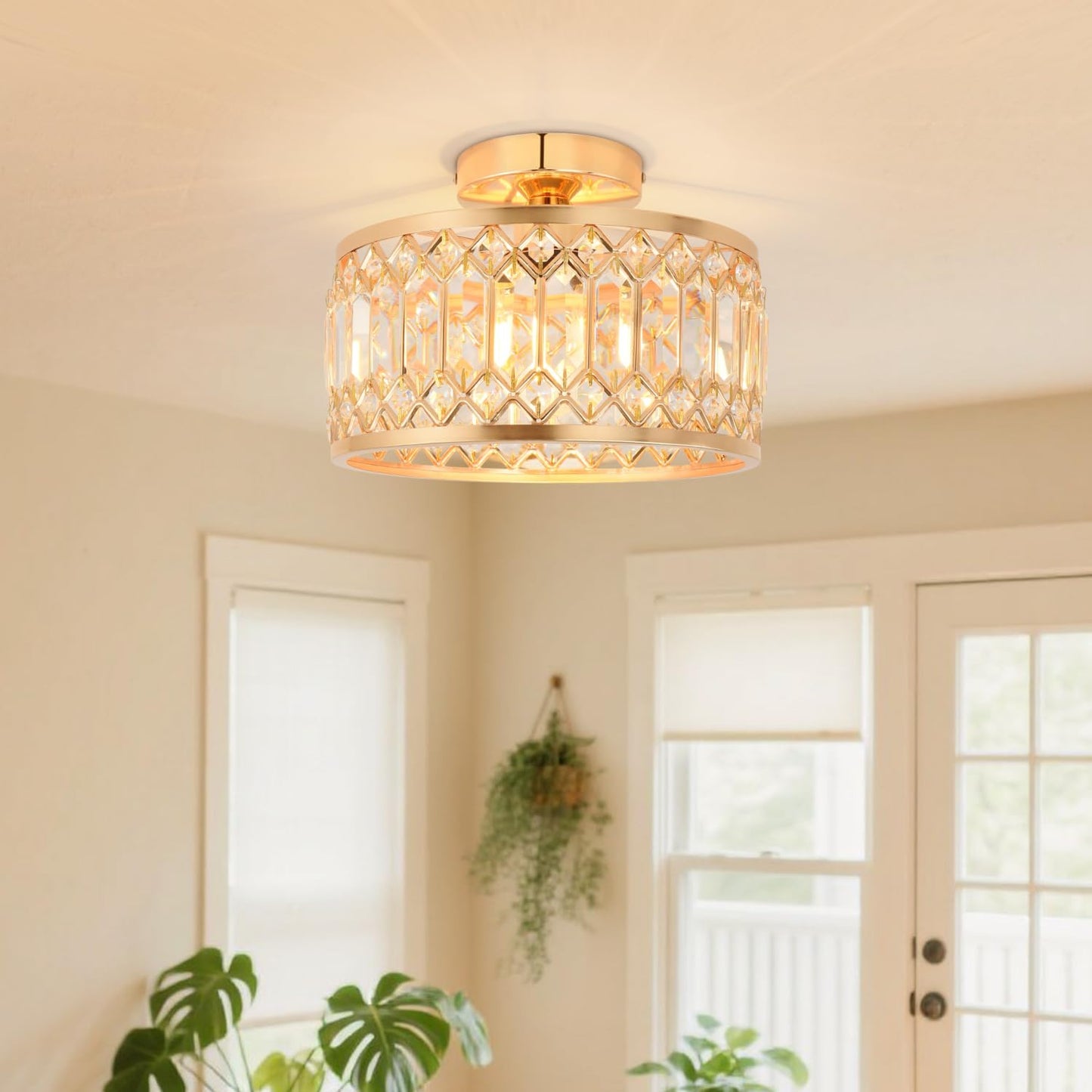 ANWIO Ceiling Light Living Room, Modern Crystal Ceiling Light Black Living Room, E27 Crystal Chandelier Bedroom with Glass Lampshade for Dining Room, Kitchen, Hallway, Office, Diameter 27 cm