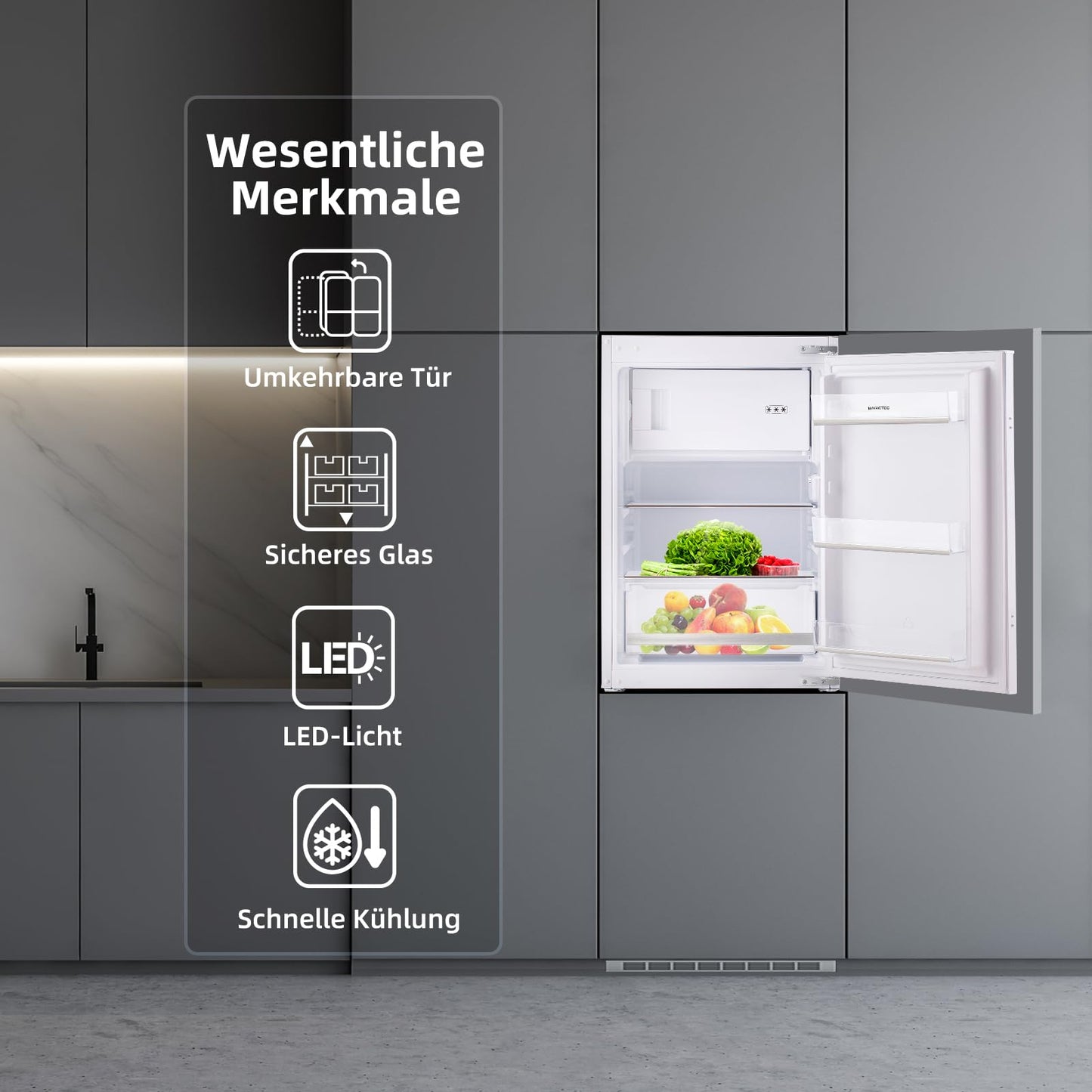 magictec Einbaukühlschrank mit Gefrierfach | 177 cm | 248L (186L/62L) | No Frost | Kühl-Gefrierkombination mit austauschbaren Türscharnieren | Inverterkompressor | Schnellkühlung | Geräuscharm