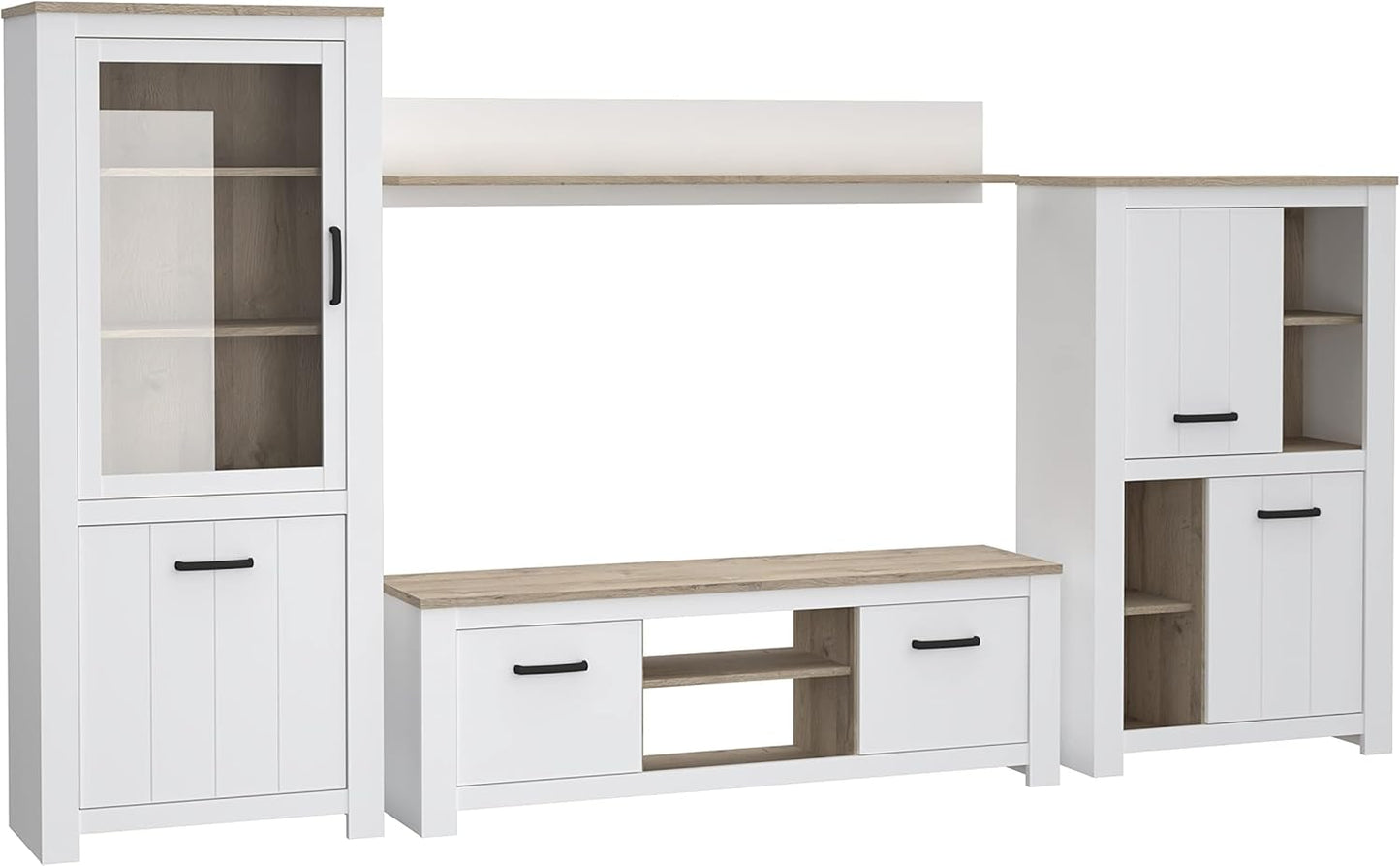 FORTE Elara Wall Unit with 5 Doors and 1 Glass Door, Wood Material, Matt White / Bianco Oak, 344 x 185 x 42 cm