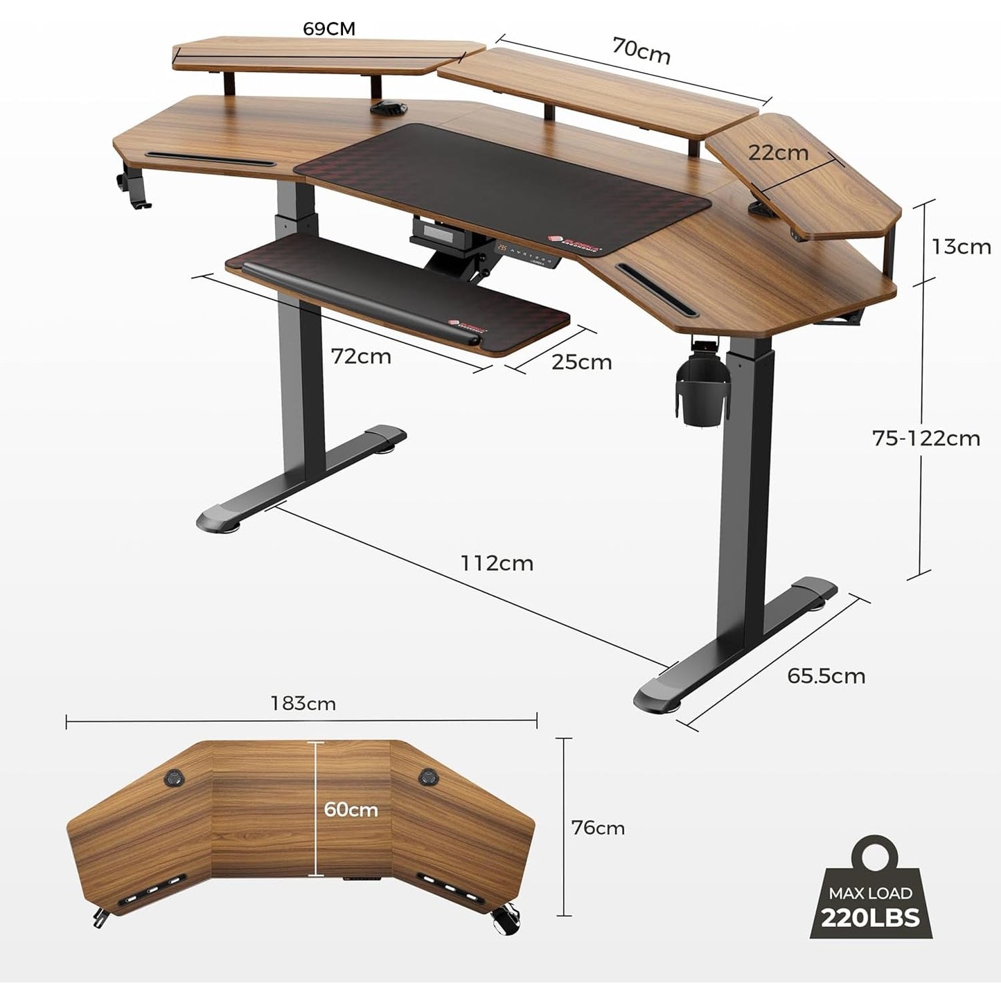EUREKA ERGONOMIC Height Adjustable Desk 182 x 76 cm Standing Desk in Wing Shape Gaming Table Height Adjustable Electric Large Gaming Desk with LED Monitor Stand and Keyboard Shelf