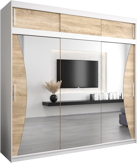 MEBLE KRYSPOL Kleiderschrank mit Spiegel Monaco - Garderobenschrank - Schrank Schlafzimmer - Mehrzweckschrank DREI Schiebetüren - Regalen - Flur Möbel - Kleiderstange Schrank - Allzweckschrank